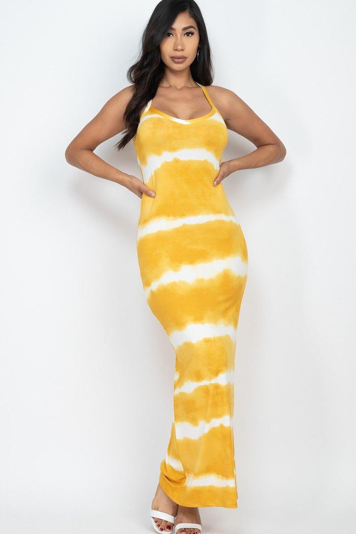 Tie Dye Striped Sleeveless Racer Back Maxi Dress