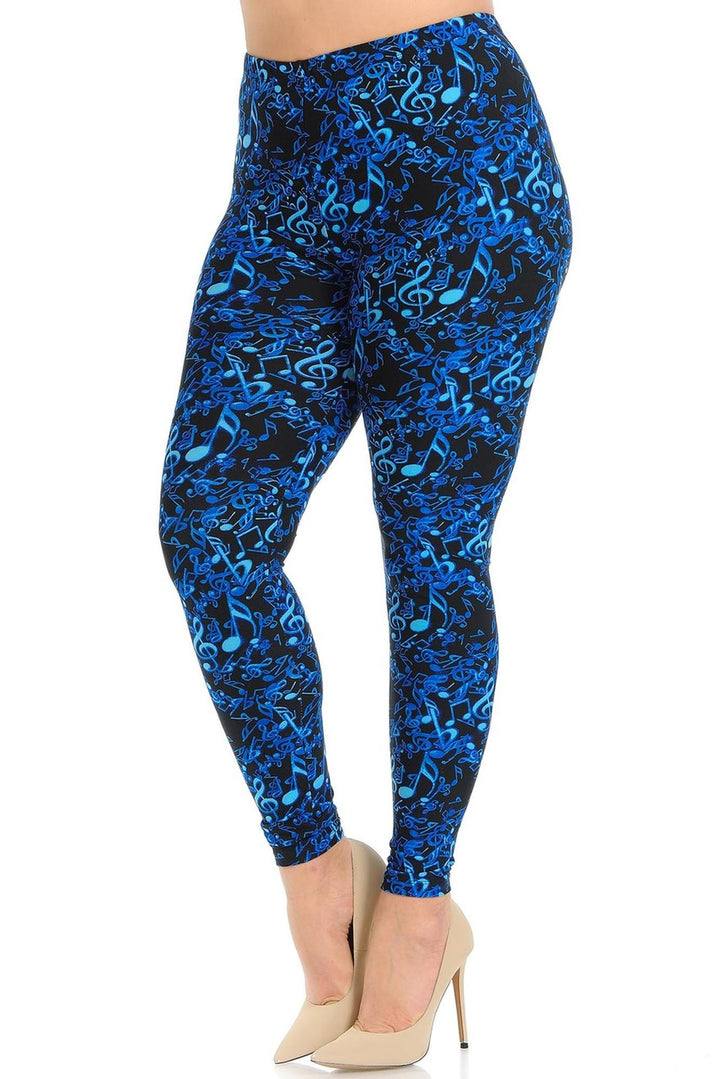 Buttery Soft Electric Blue Music Note Extra Plus Size Leggings - 3X-5X (XPlus One Size,Blue)