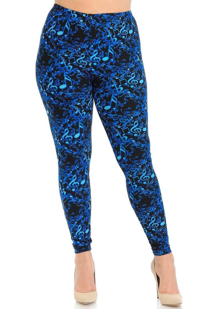 Buttery Soft Electric Blue Music Note Extra Plus Size Leggings - 3X-5X (XPlus One Size,Blue)