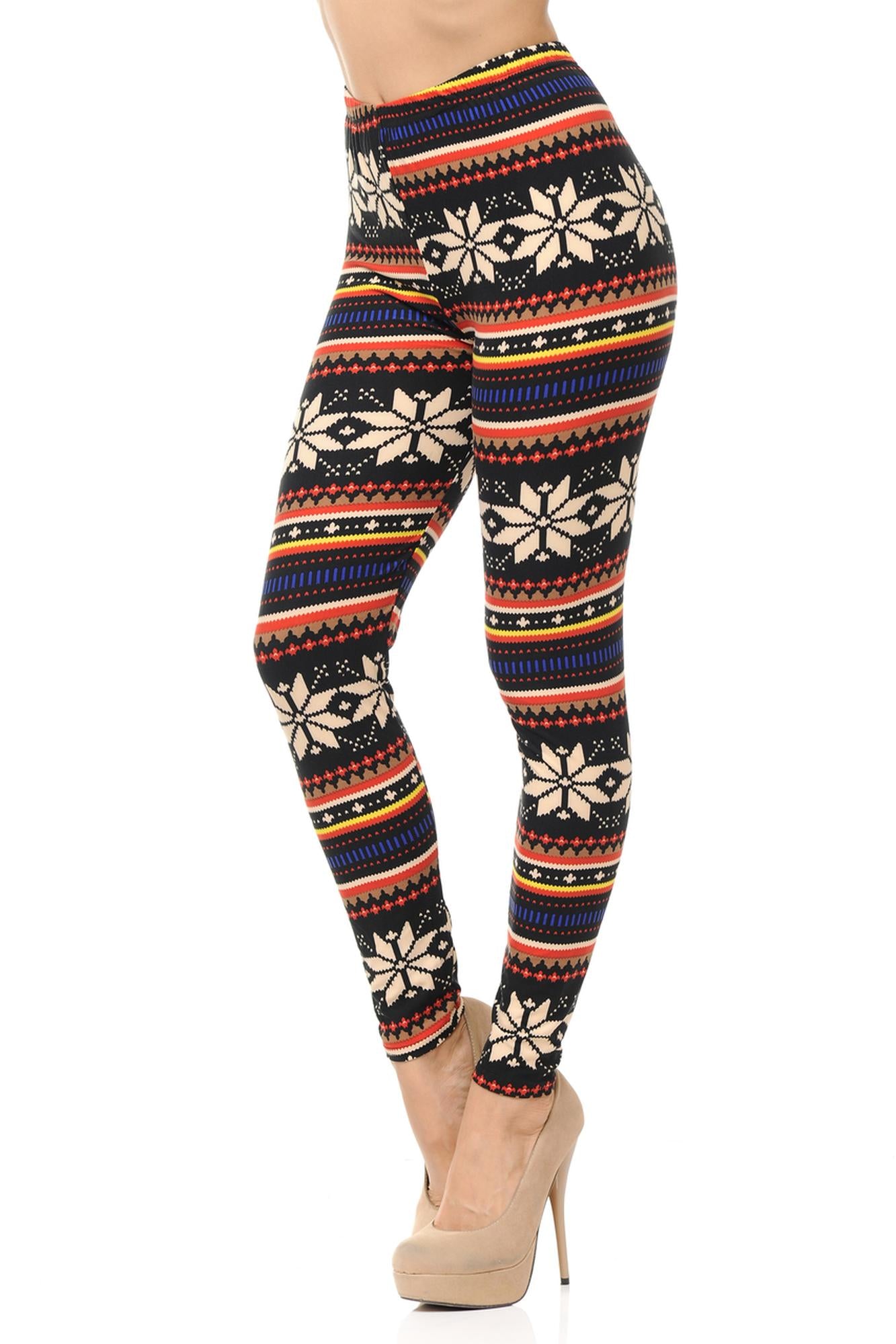 Buttery Soft Merry Snowflake Leggings (One Size Regular,Multi Color Bold)