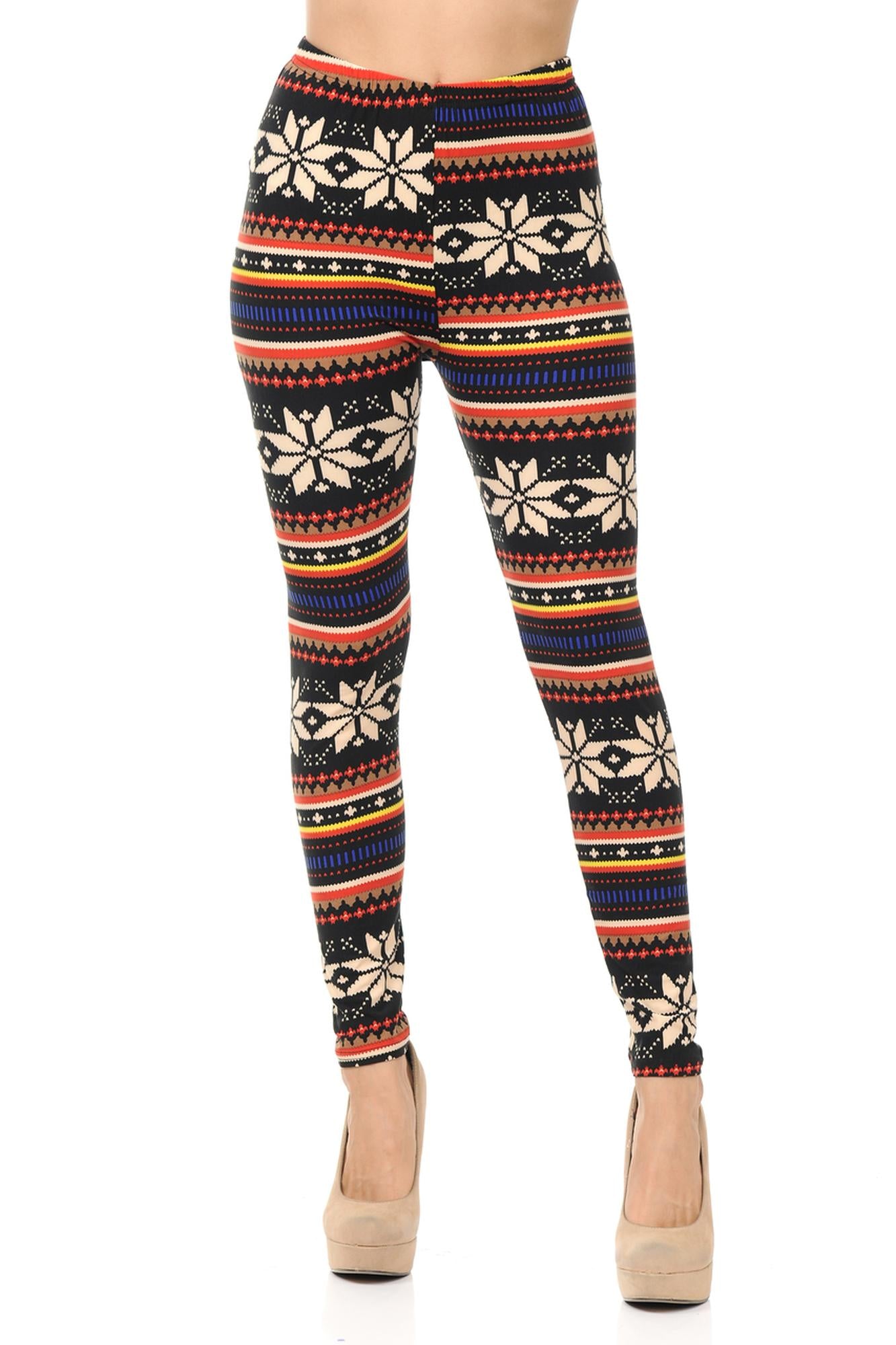 Buttery Soft Merry Snowflake Leggings (One Size Regular,Multi Color Bold)