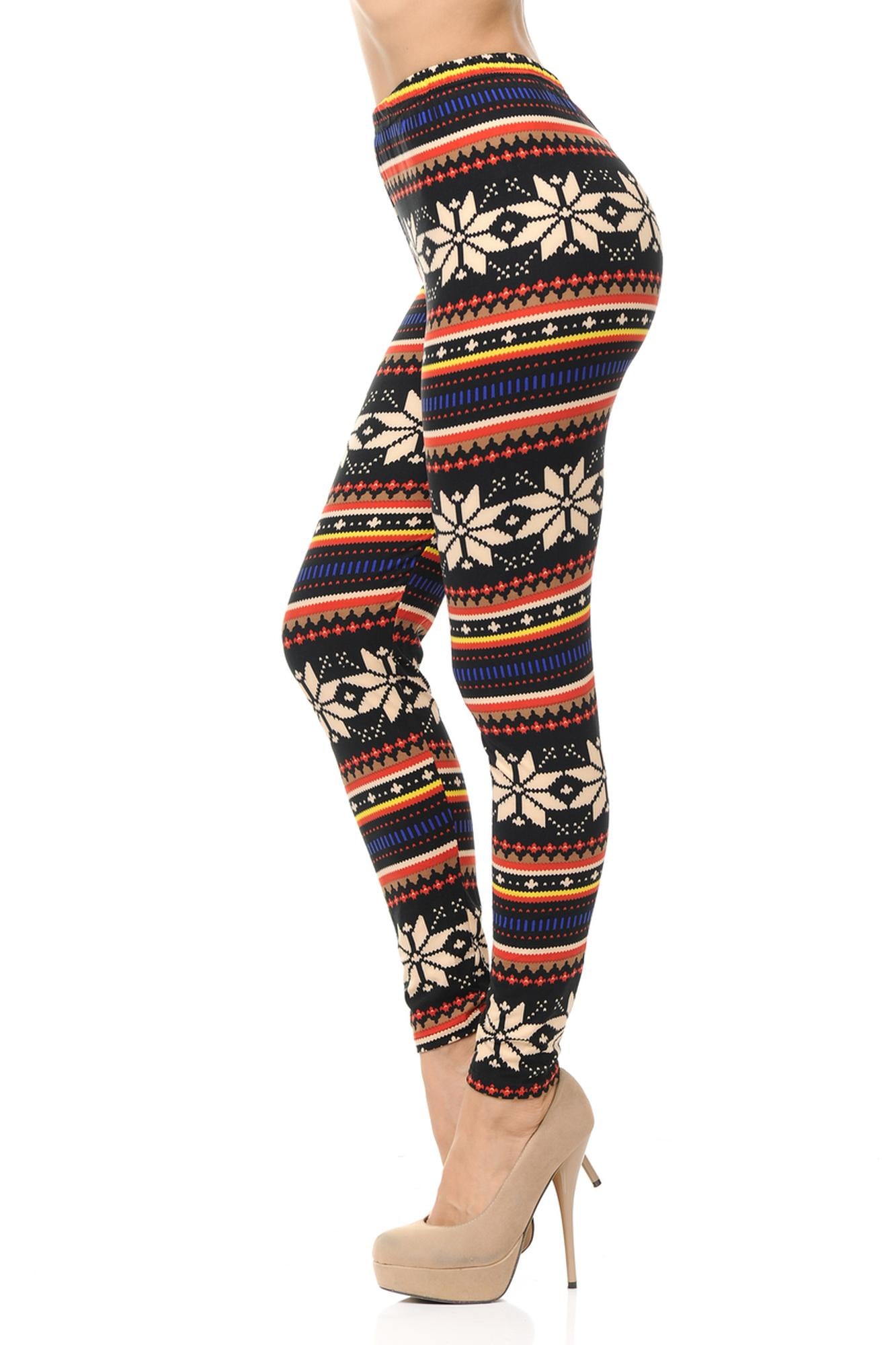 Buttery Soft Merry Snowflake Leggings (One Size Regular,Multi Color Bold)
