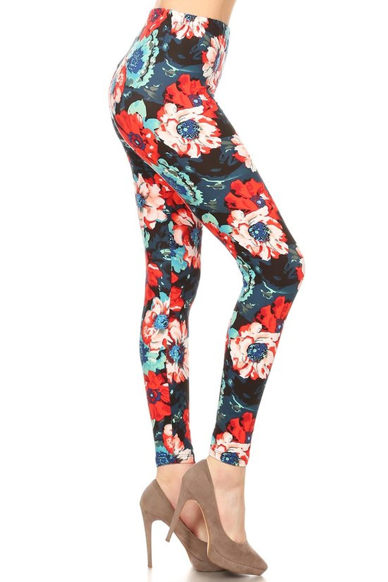 Buttery Soft Painted Floral Leggings (One Size Regular,Multi Color Bold)