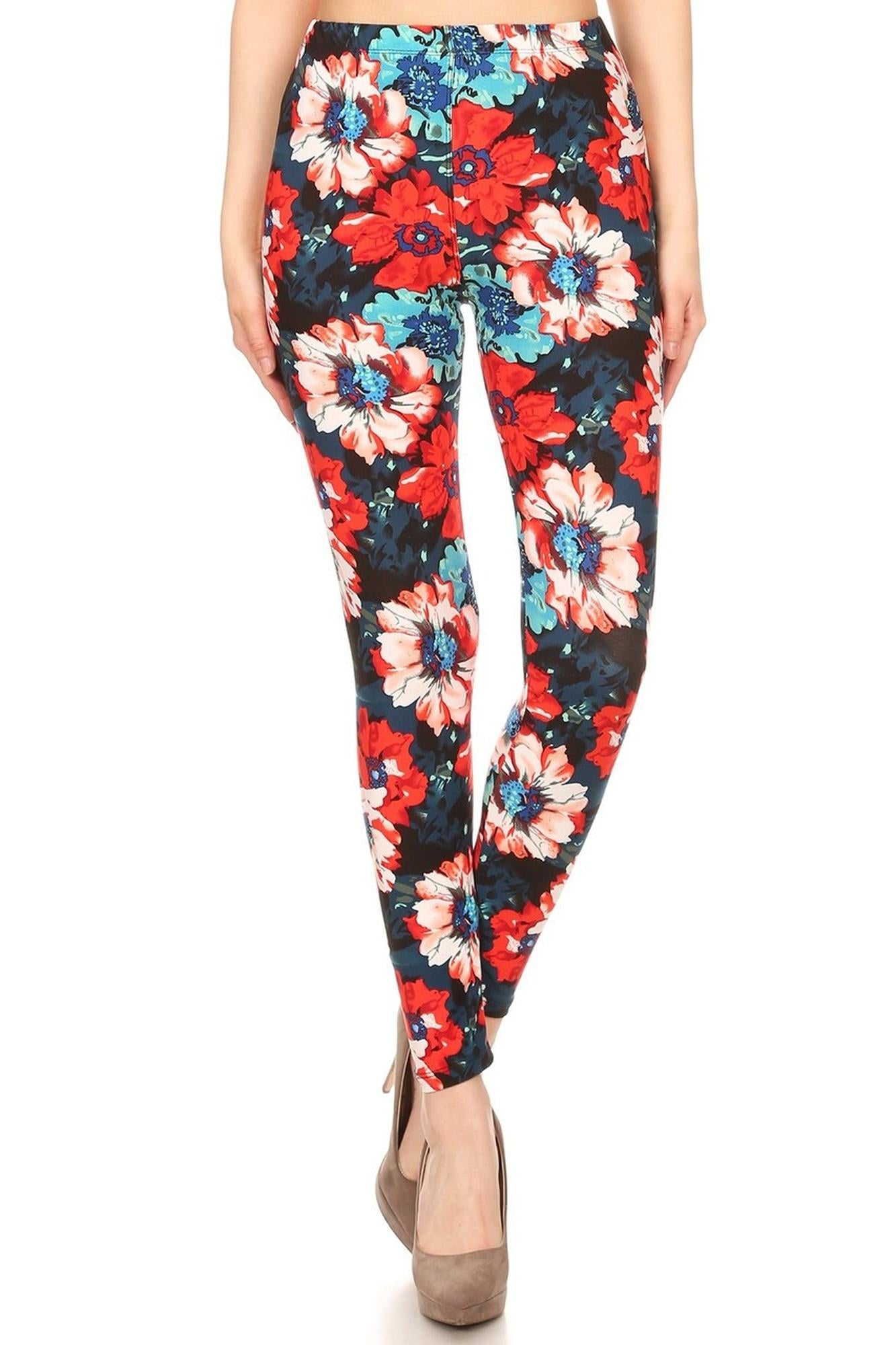 Buttery Soft Painted Floral Leggings (One Size Regular,Multi Color Bold)