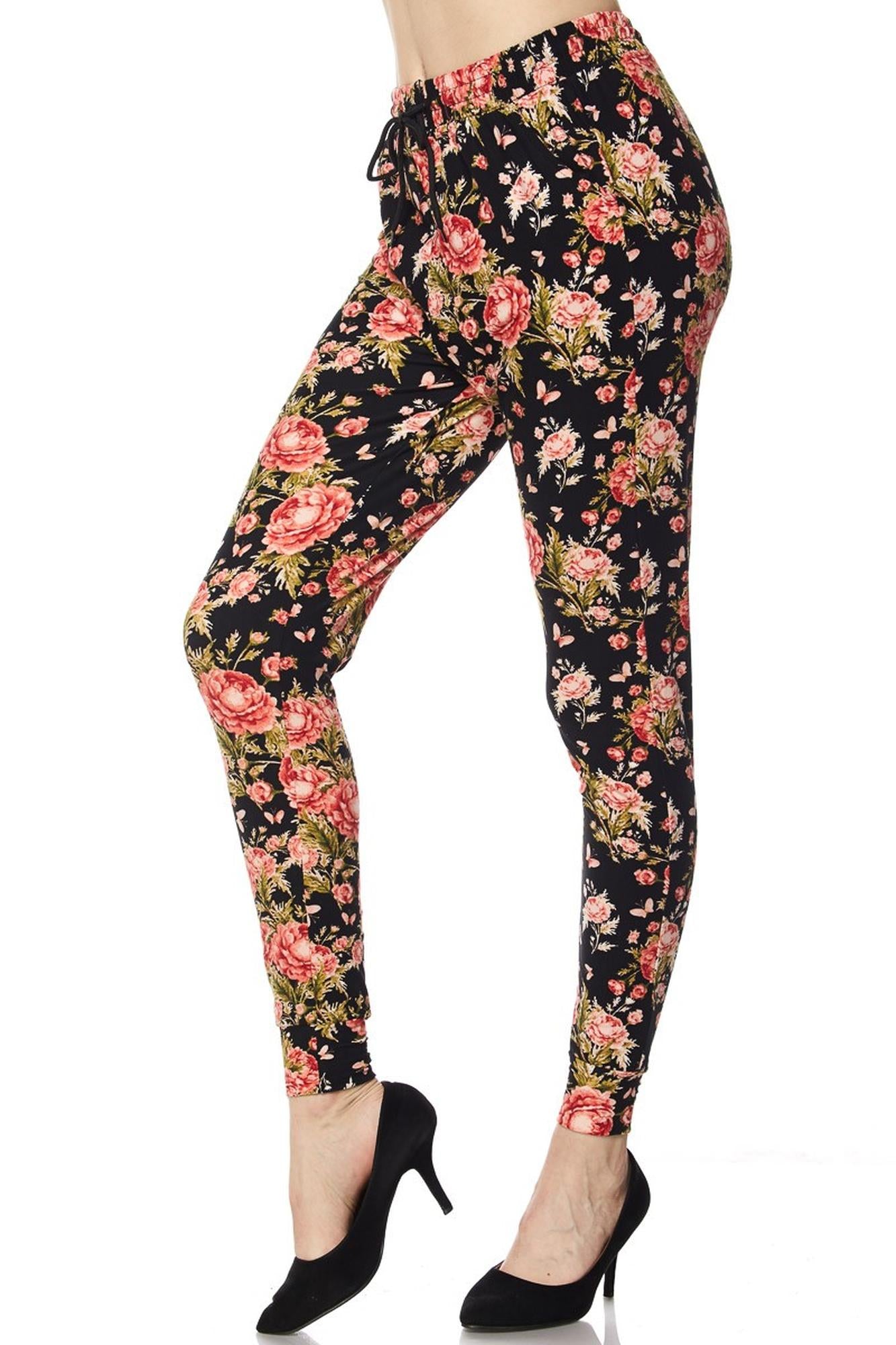 Buttery Soft Summer Floral Joggers with Pockets (One Size Regular,Red)