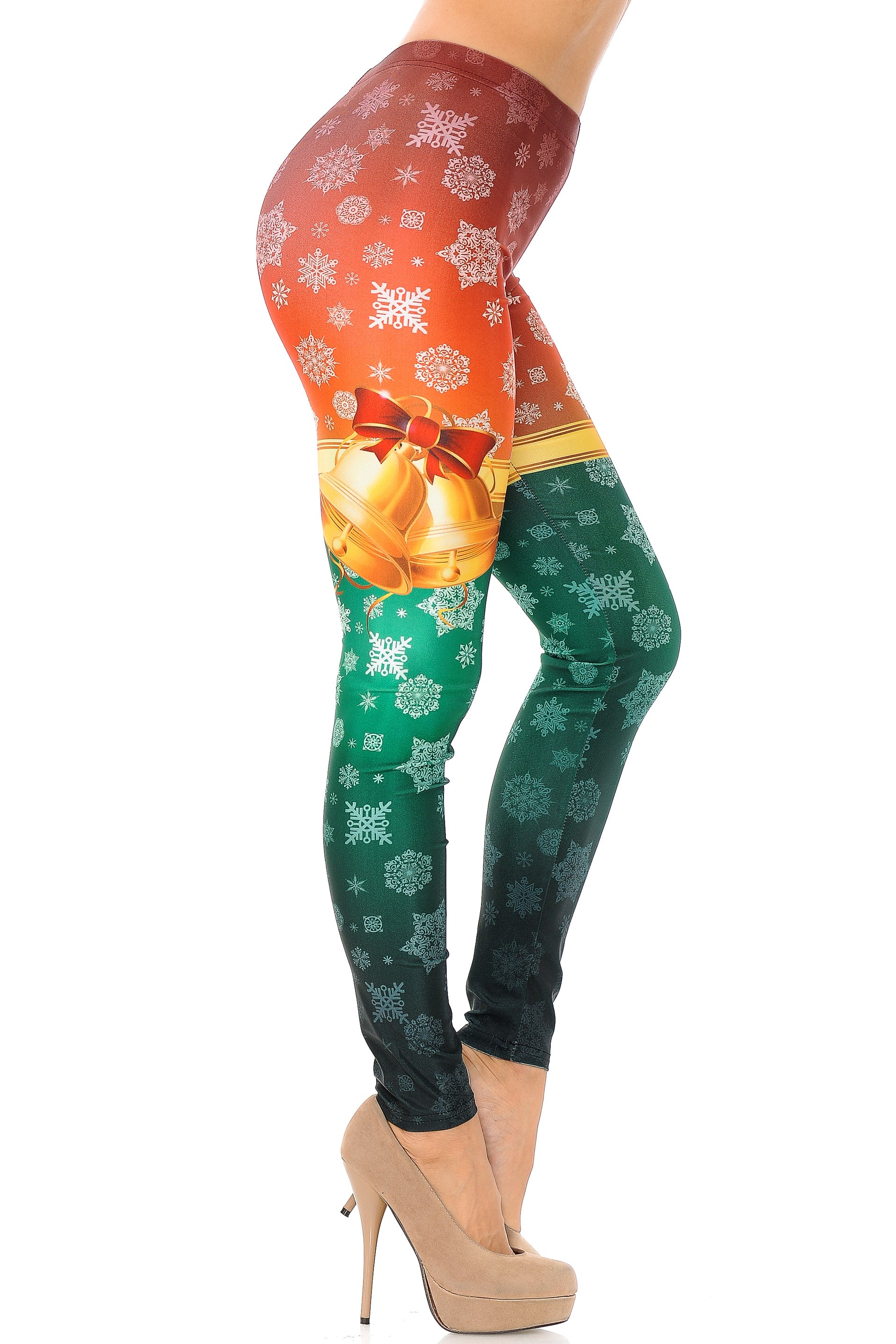 Festive Red and Green Split Christmas Bells Leggings - Plus Size - 1XL 2XL 3XL