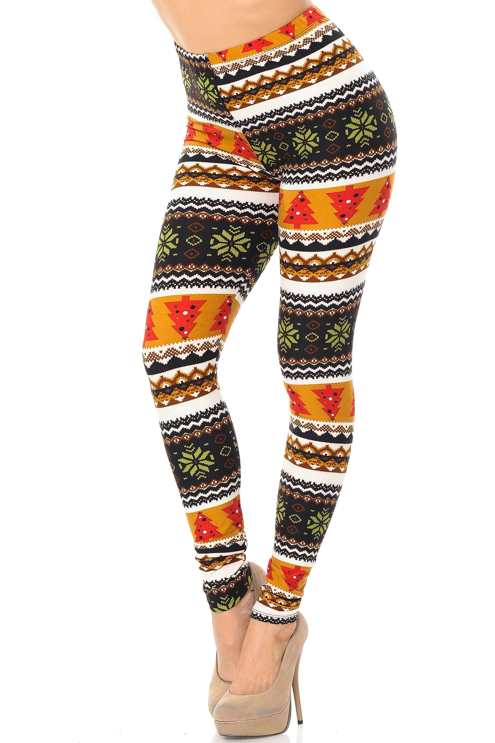 Buttery Soft Christmas Tree and Snowflake Plus Size Leggings (One Size Plus,Brown)