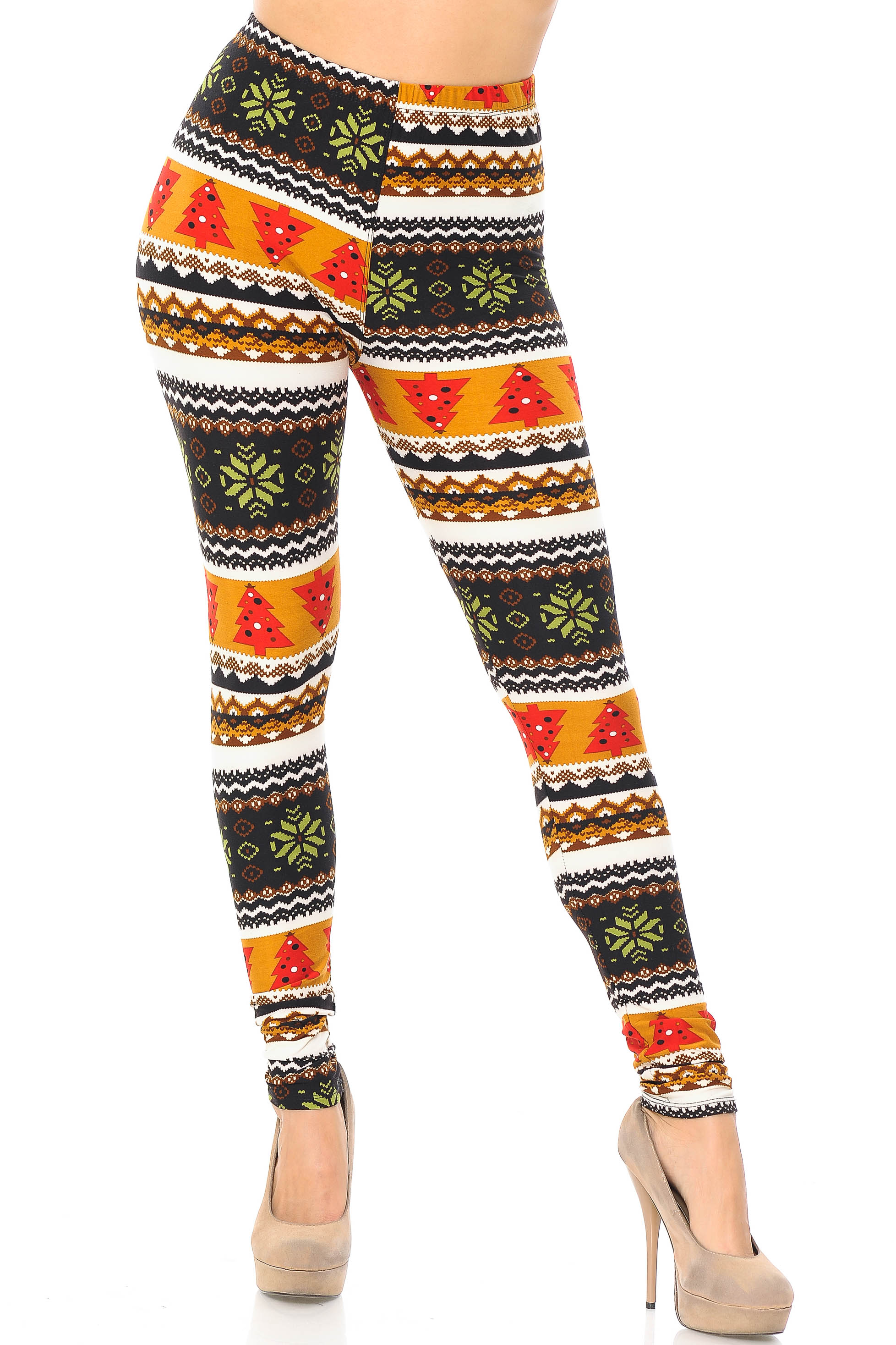 Buttery Soft Christmas Tree and Snowflake Plus Size Leggings (One Size Plus,Brown)