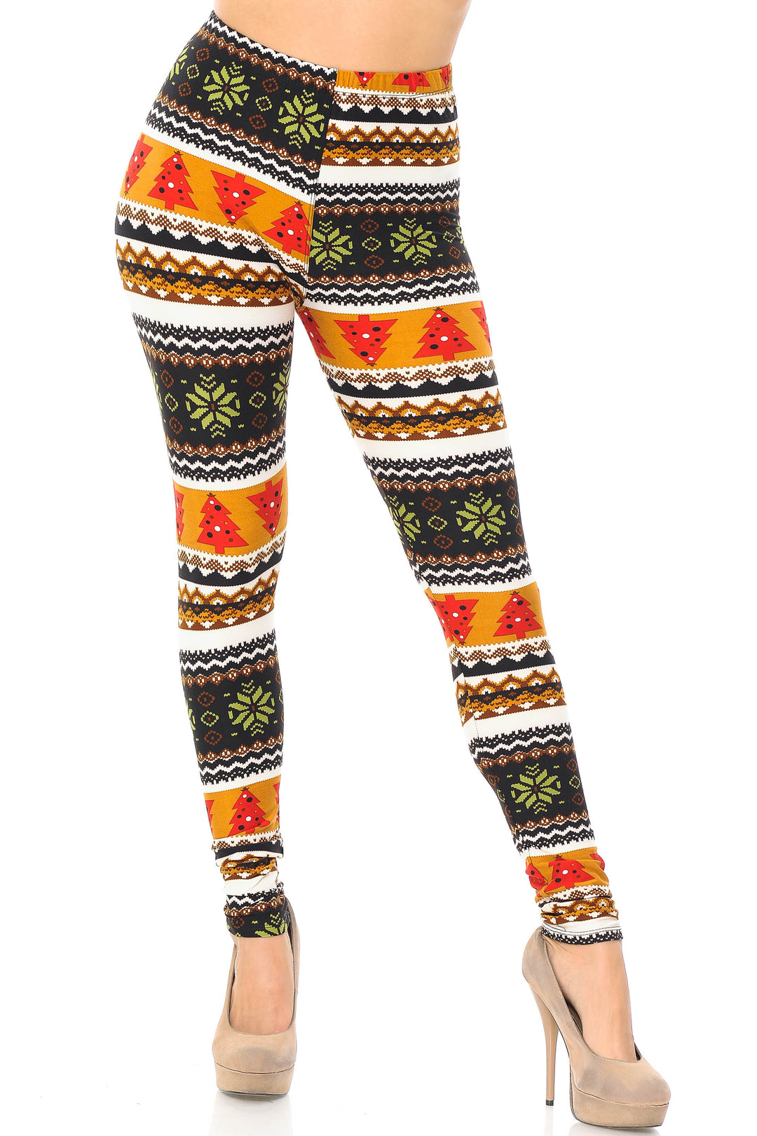 Buttery Soft Christmas Tree and Snowflake Plus Size Leggings (One Size Plus,Brown)