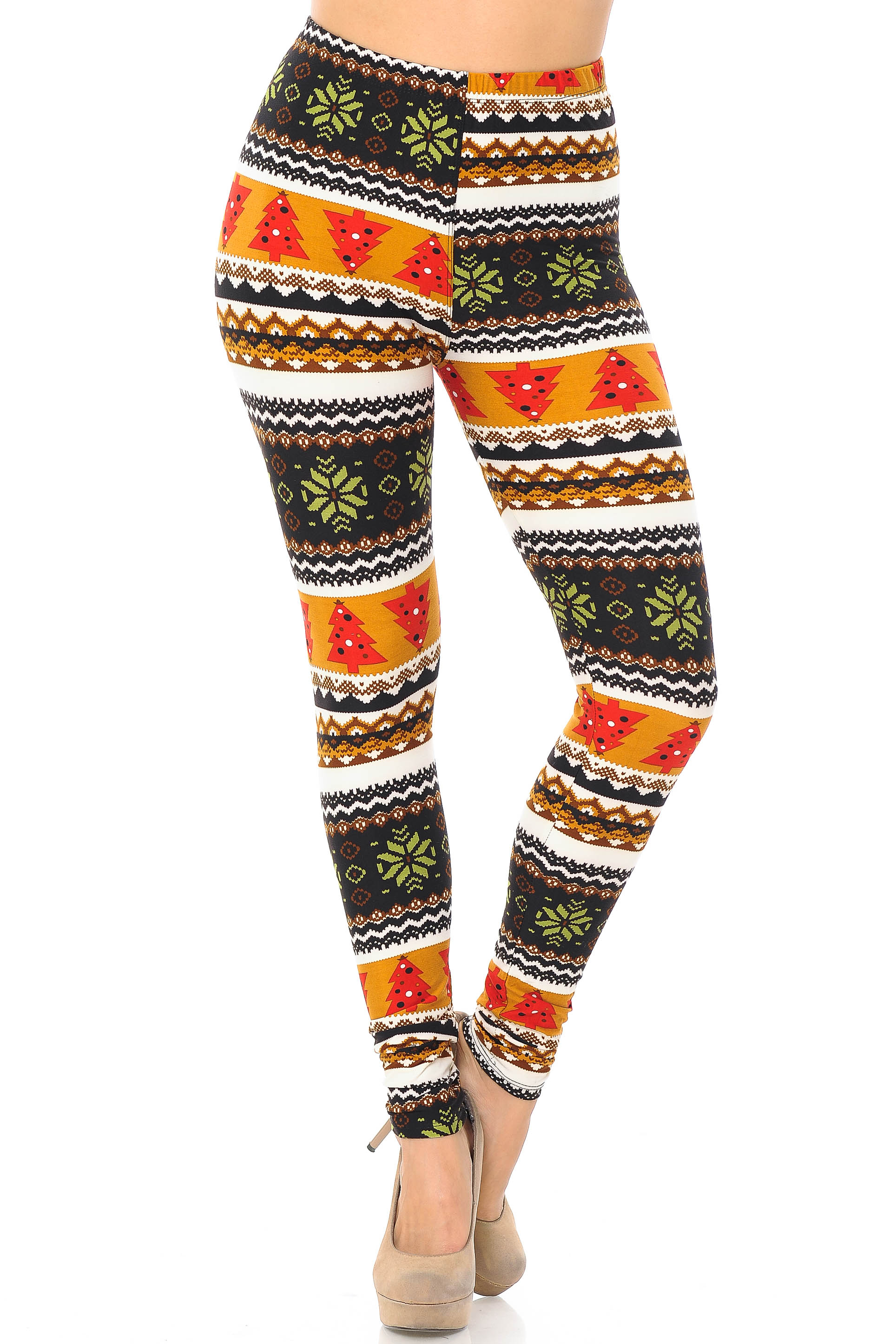 Buttery Soft Christmas Tree and Snowflake Plus Size Leggings (One Size Plus,Brown)