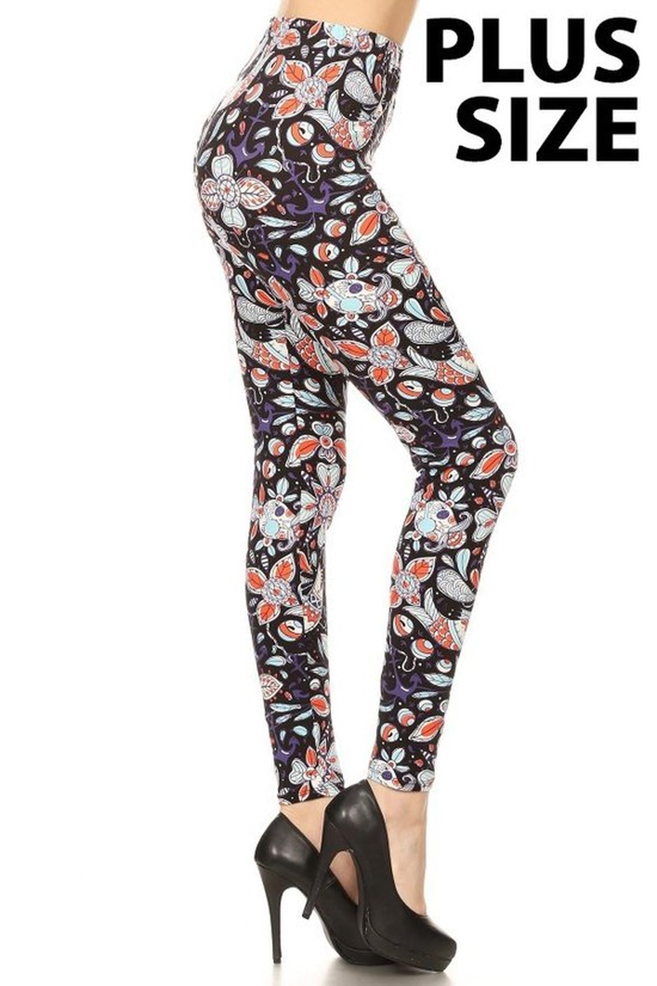 Buttery Soft Nautical Floral Skull Plus Size Leggings (One Size Plus,Black)