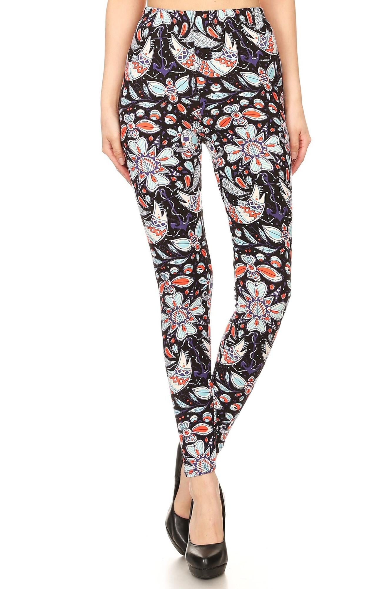 Buttery Soft Nautical Floral Skull Plus Size Leggings (One Size Plus,Black)