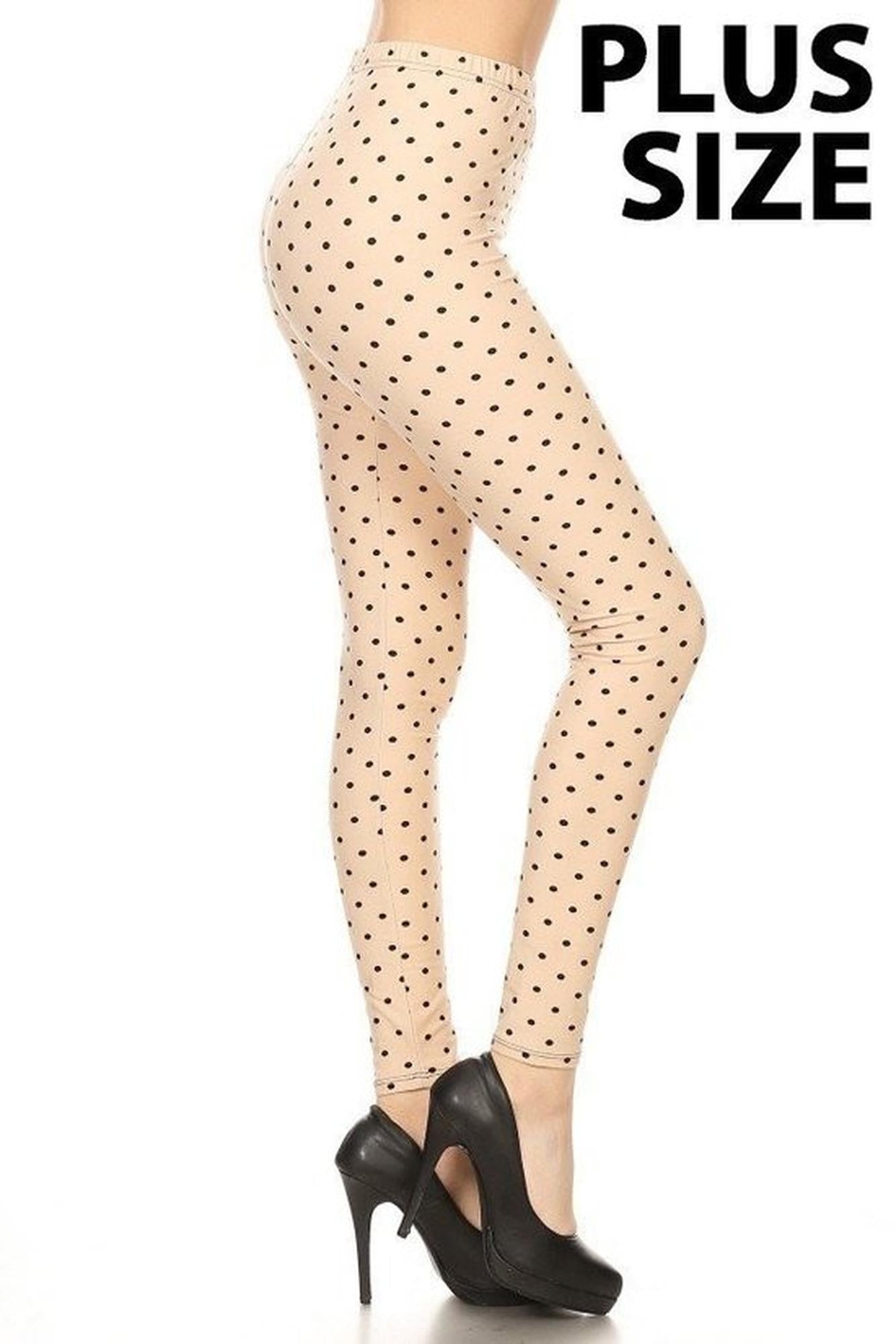Buttery Soft Black on Beige Polka Dot Plus Size Leggings (One Size Plus,Beige)