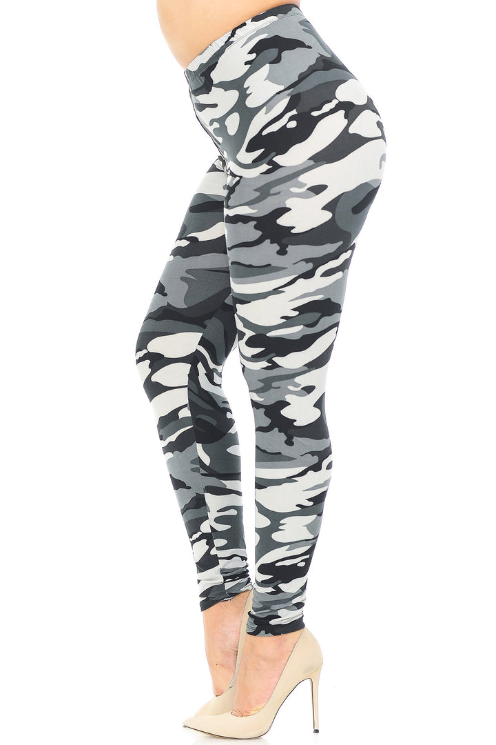 Buttery Soft Charcoal Camouflage Plus Size Leggings - EEVEE (One Size Plus,Charcoal)