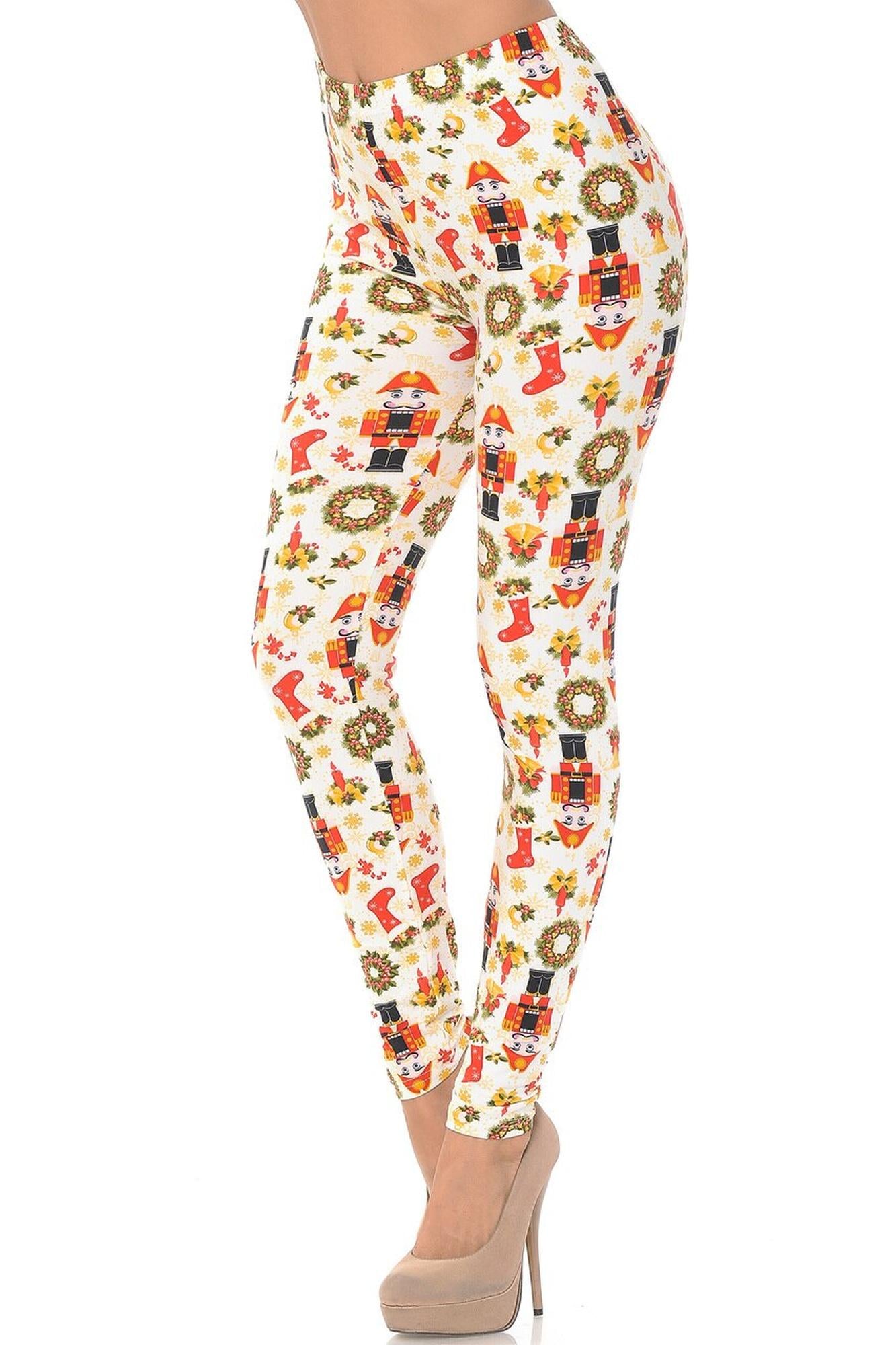 Buttery Soft Festive Ivory Christmas Plus Size Leggings (One Size Plus,Ivory)