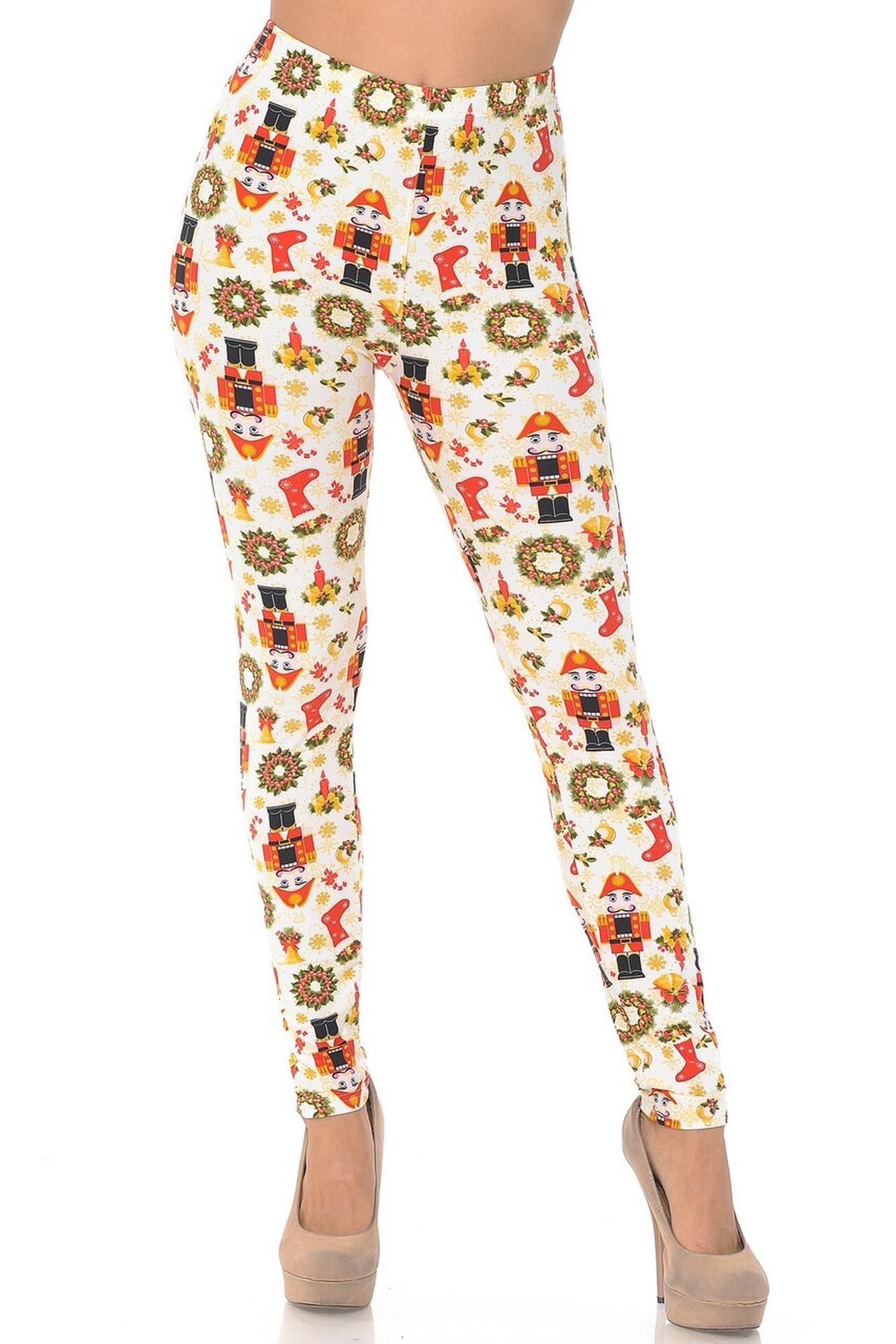 Buttery Soft Festive Ivory Christmas Plus Size Leggings (One Size Plus,Ivory)