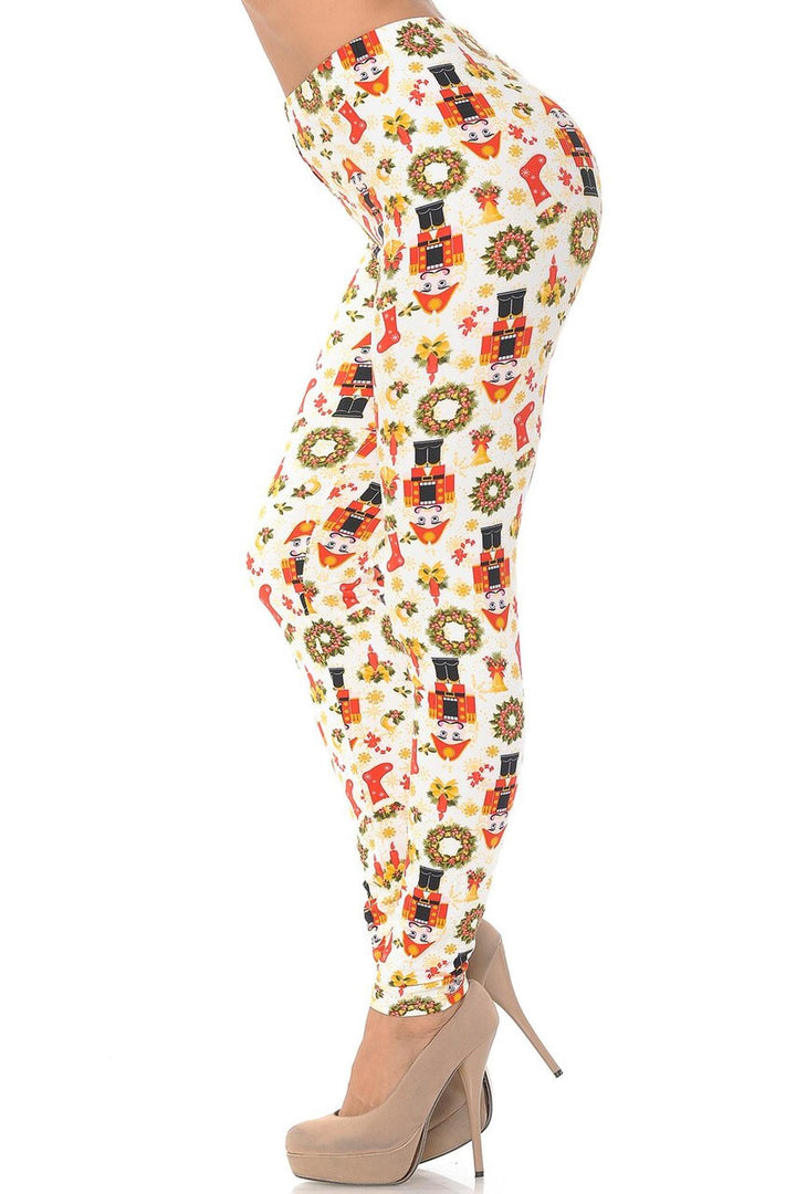 Buttery Soft Festive Ivory Christmas Plus Size Leggings (One Size Plus,Ivory)