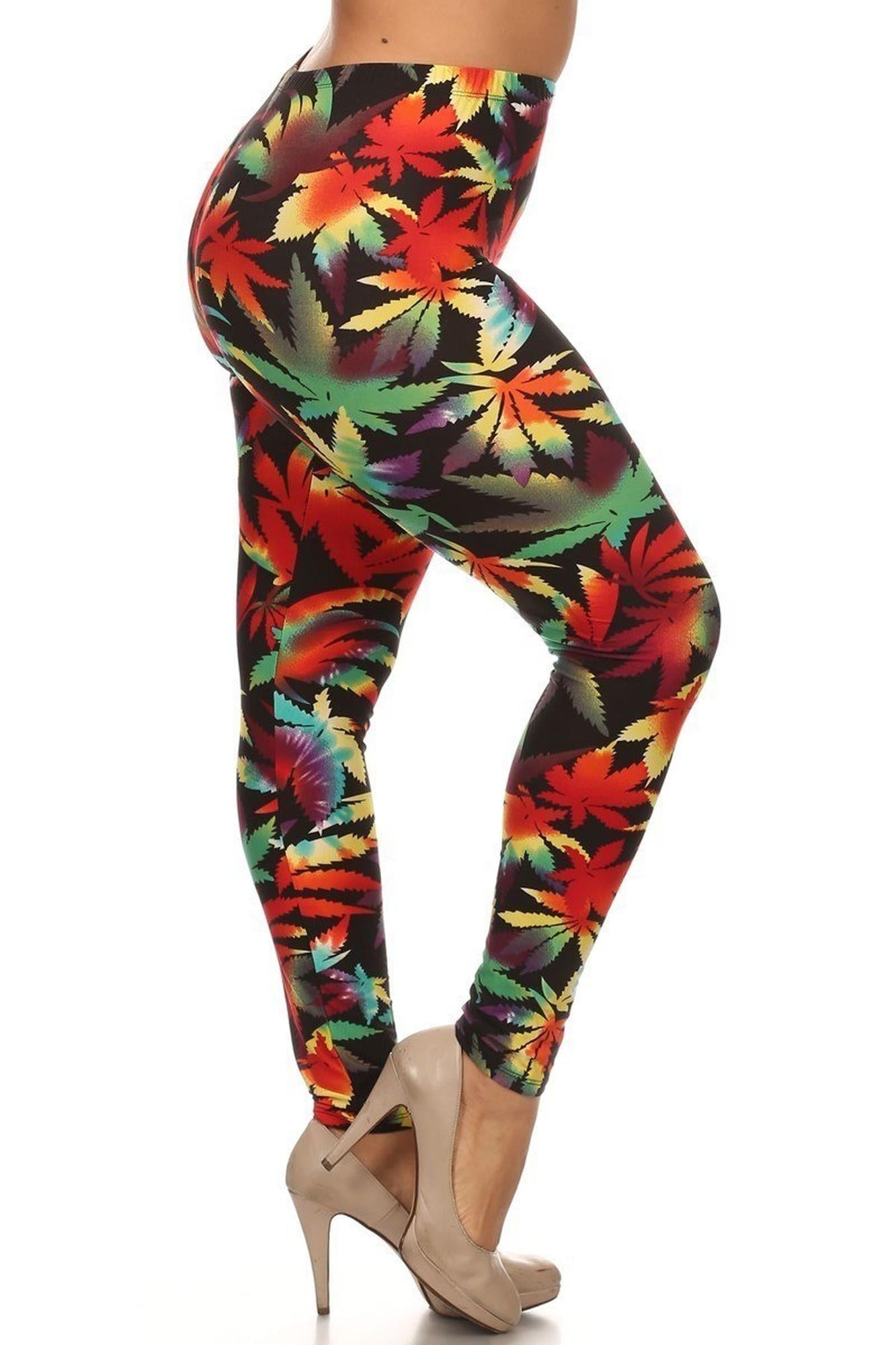 Buttery Soft Rainbow Marijuana Plus Size Leggings (One Size Plus,Red)
