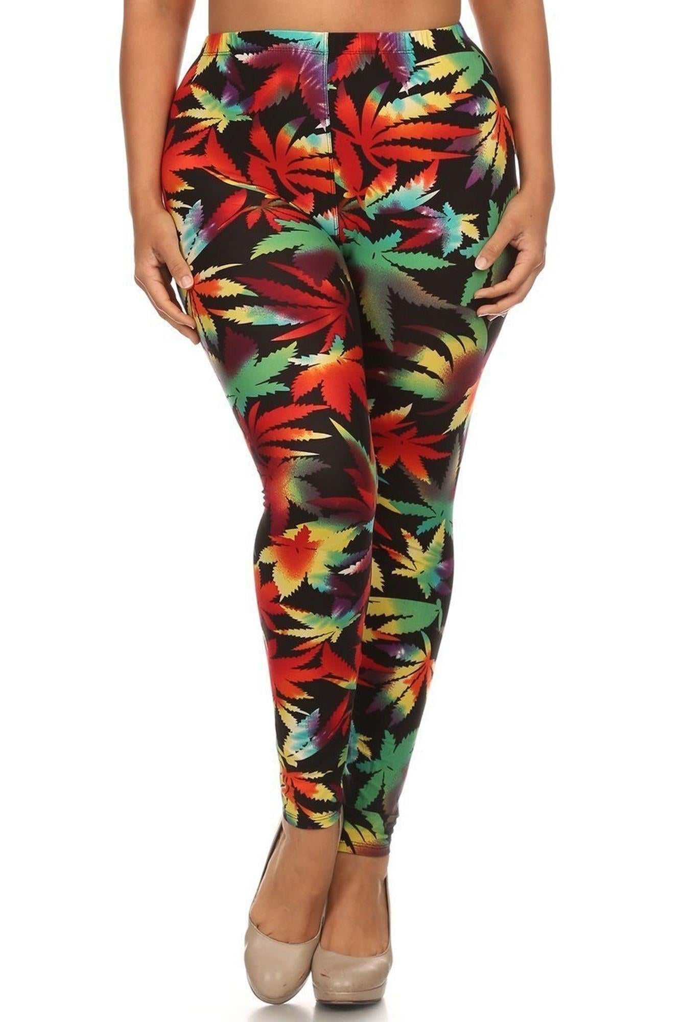 Buttery Soft Rainbow Marijuana Plus Size Leggings (One Size Plus,Red)