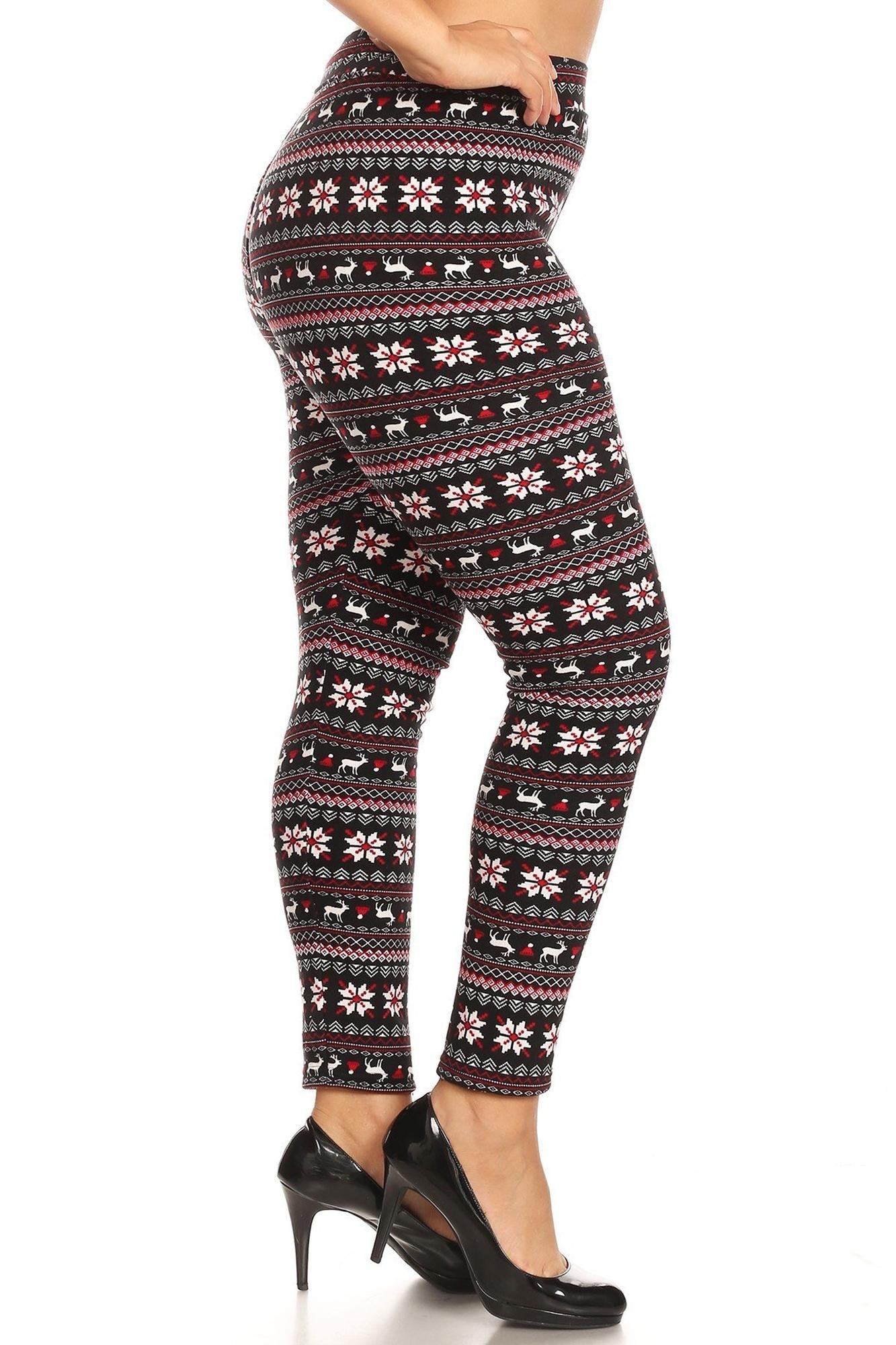 Comfy Warm Snowflakes and Reindeer Lined Plus Size Leggings