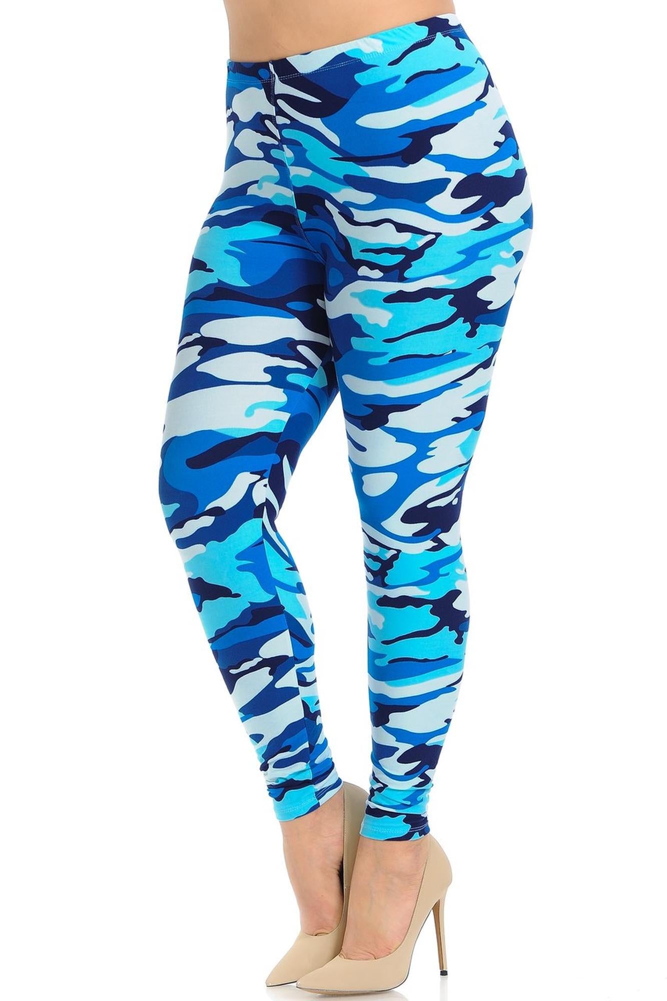 Buttery Soft Blue Camouflage Plus Size Leggings - EEVEE (One Size Plus,Blue)