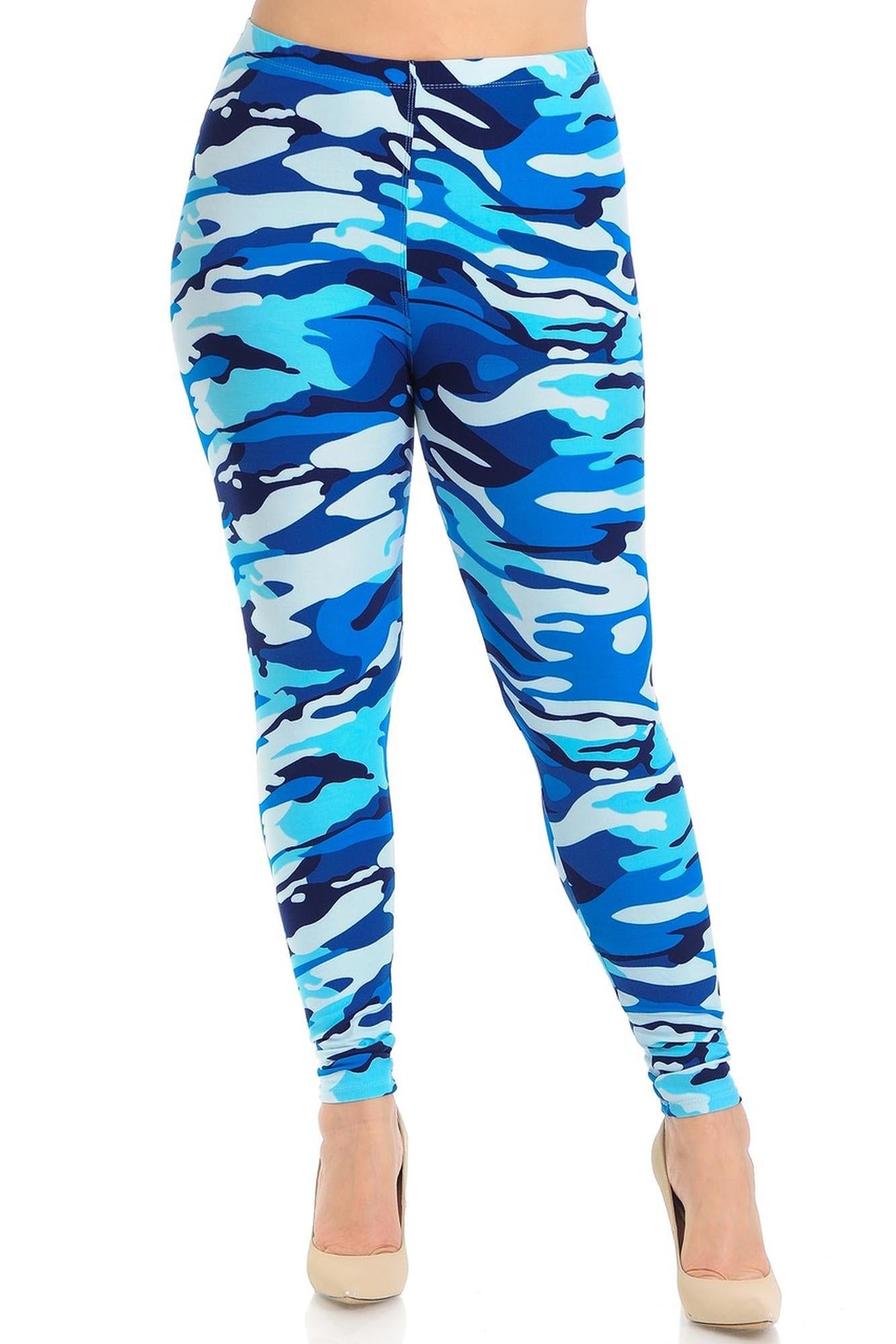 Buttery Soft Blue Camouflage Plus Size Leggings - EEVEE (One Size Plus,Blue)