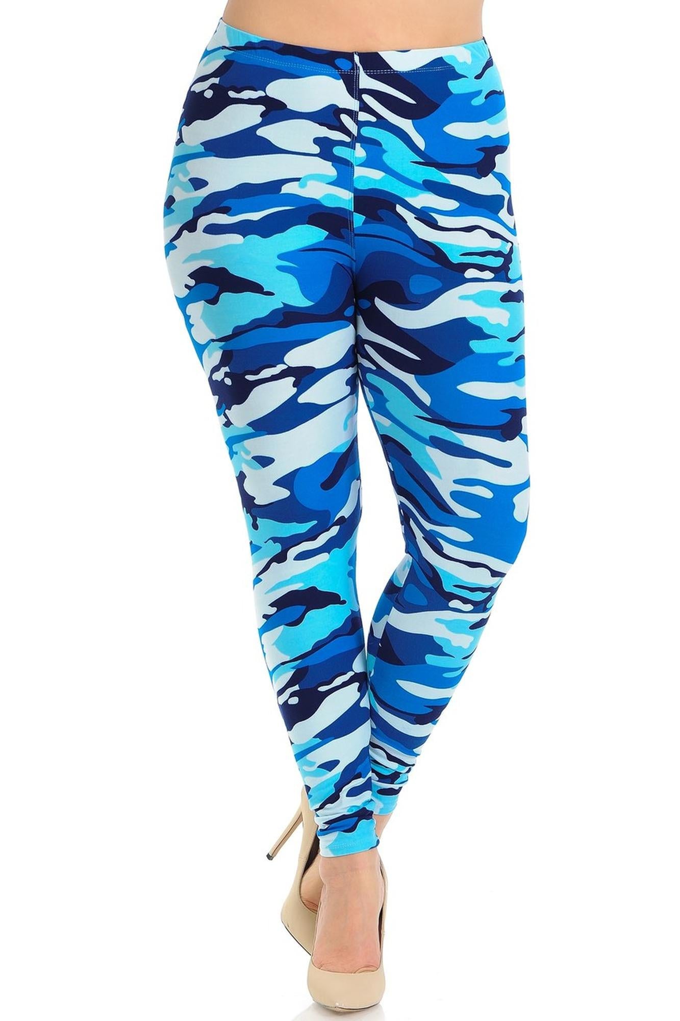 Buttery Soft Blue Camouflage Plus Size Leggings - EEVEE (One Size Plus,Blue)