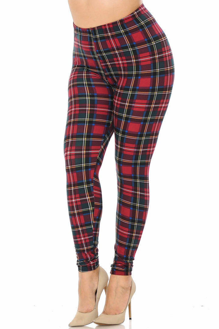 Buttery Smooth Modish Plaid Plus Size Leggings (One Size Plus,Burgundy)