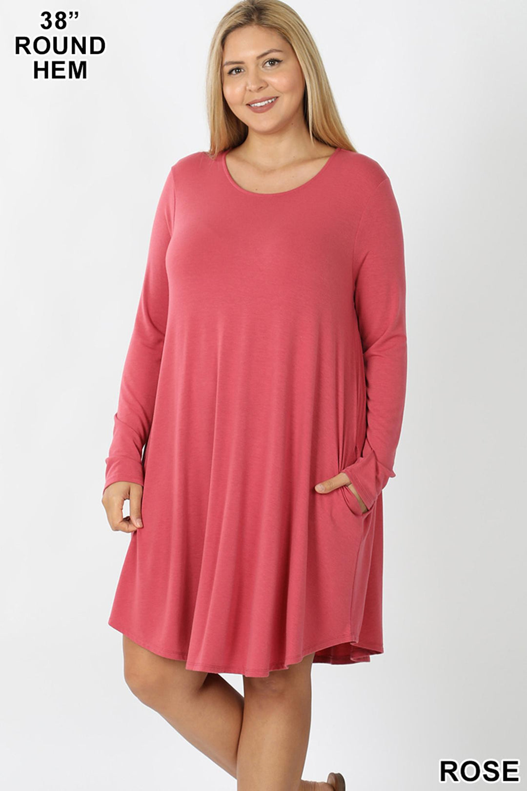 Premium Long Sleeve A-Line Round Hem Plus Size Rayon Tunic with Pockets