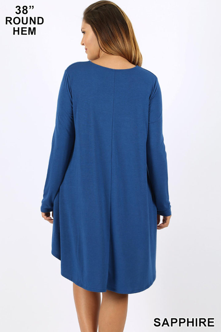 Premium Long Sleeve A-Line Round Hem Plus Size Rayon Tunic with Pockets