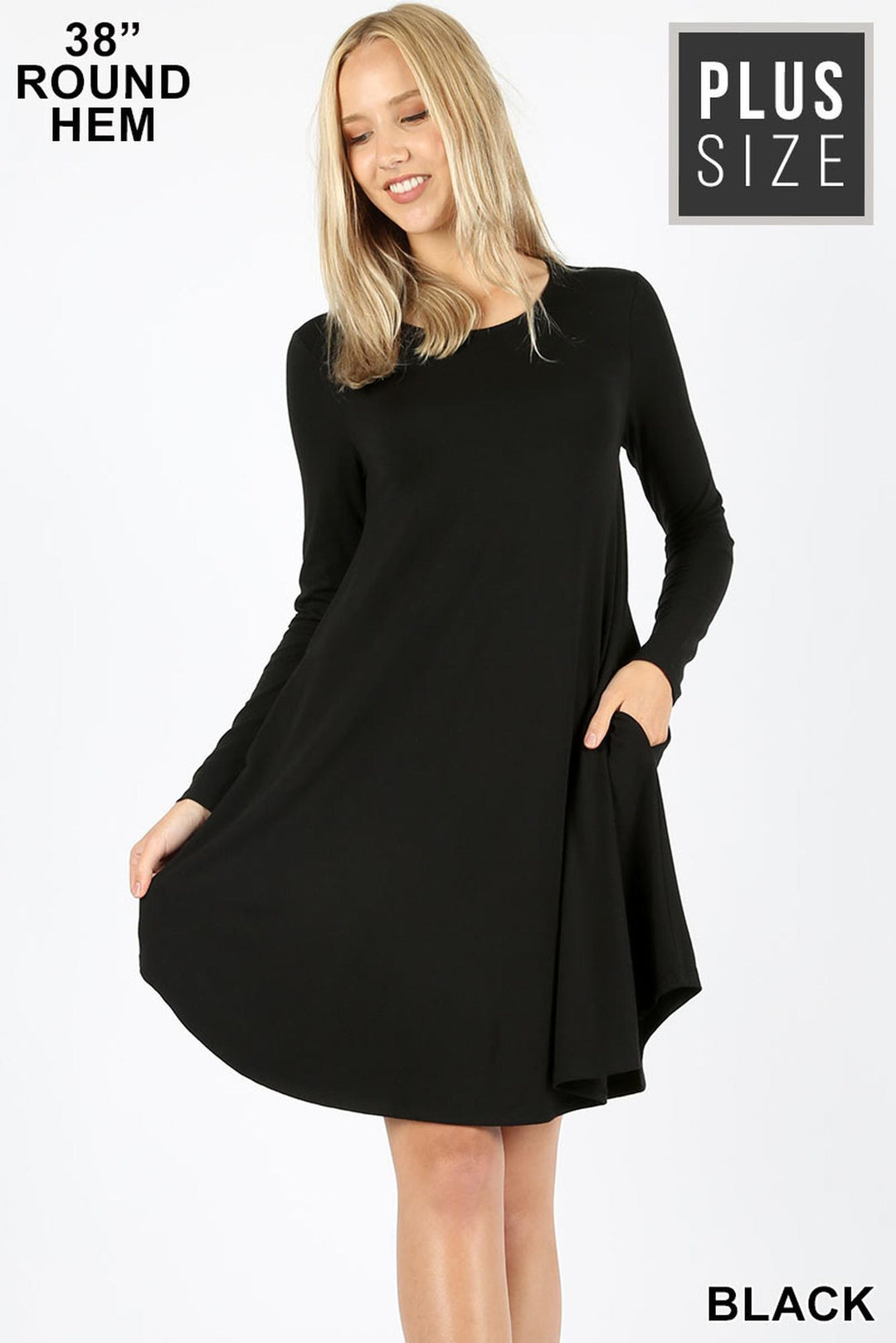 Premium Long Sleeve A-Line Round Hem Plus Size Rayon Tunic with Pockets