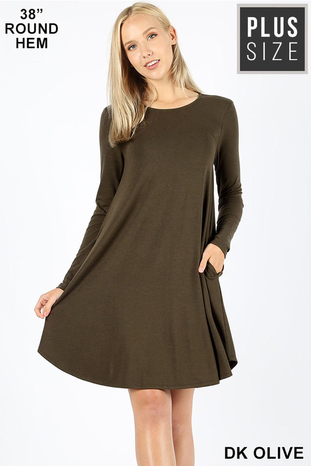 Premium Long Sleeve A-Line Round Hem Plus Size Rayon Tunic with Pockets