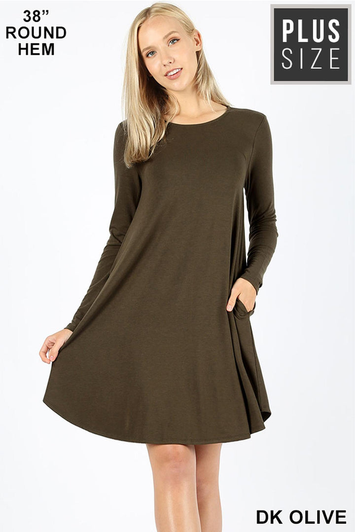 Premium Long Sleeve A-Line Round Hem Plus Size Rayon Tunic with Pockets