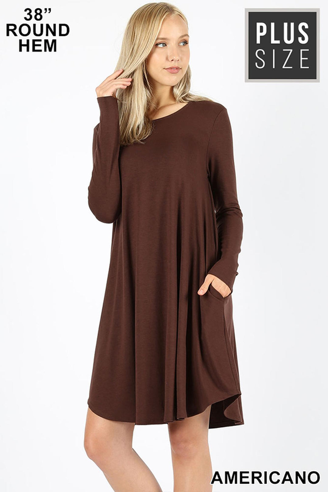 Premium Long Sleeve A-Line Round Hem Plus Size Rayon Tunic with Pockets
