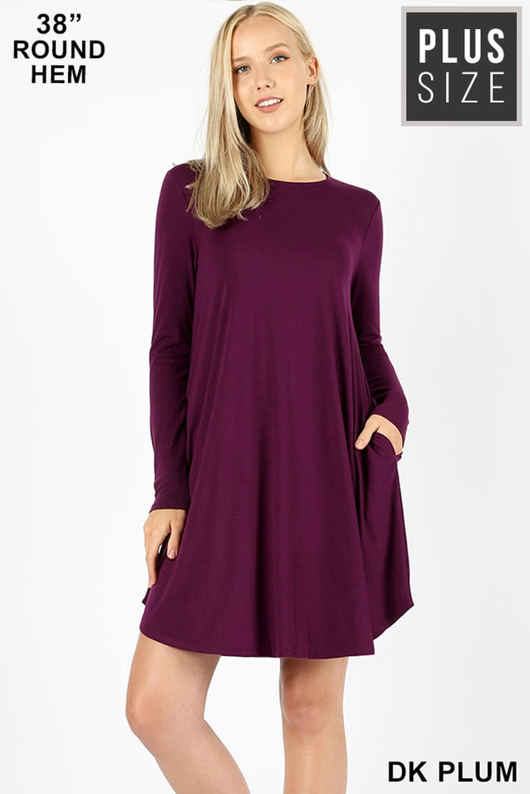 Premium Long Sleeve A-Line Round Hem Plus Size Rayon Tunic with Pockets