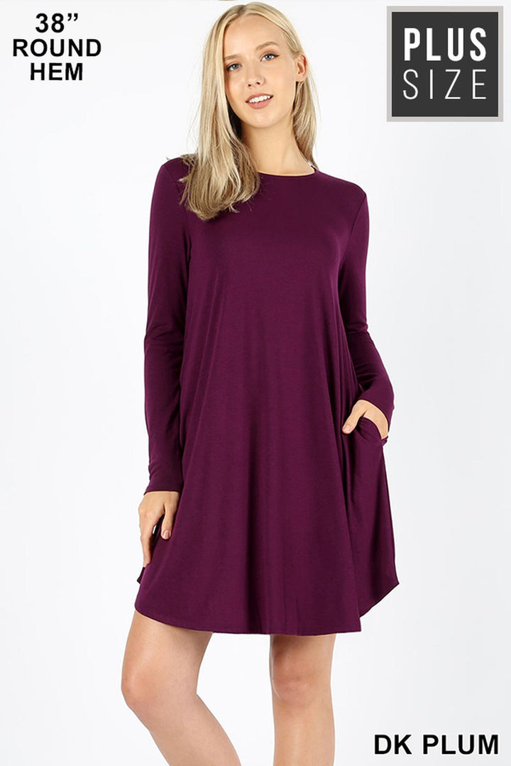 Premium Long Sleeve A-Line Round Hem Plus Size Rayon Tunic with Pockets