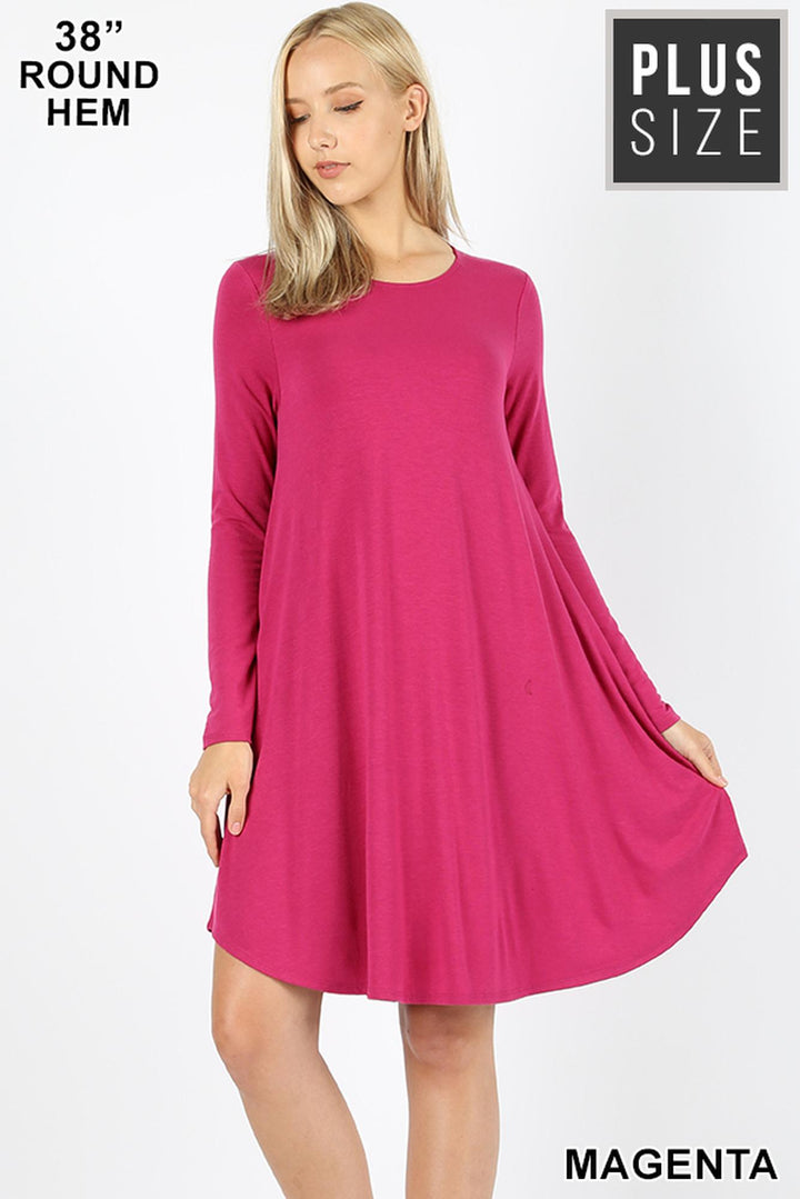 Premium Long Sleeve A-Line Round Hem Plus Size Rayon Tunic with Pockets
