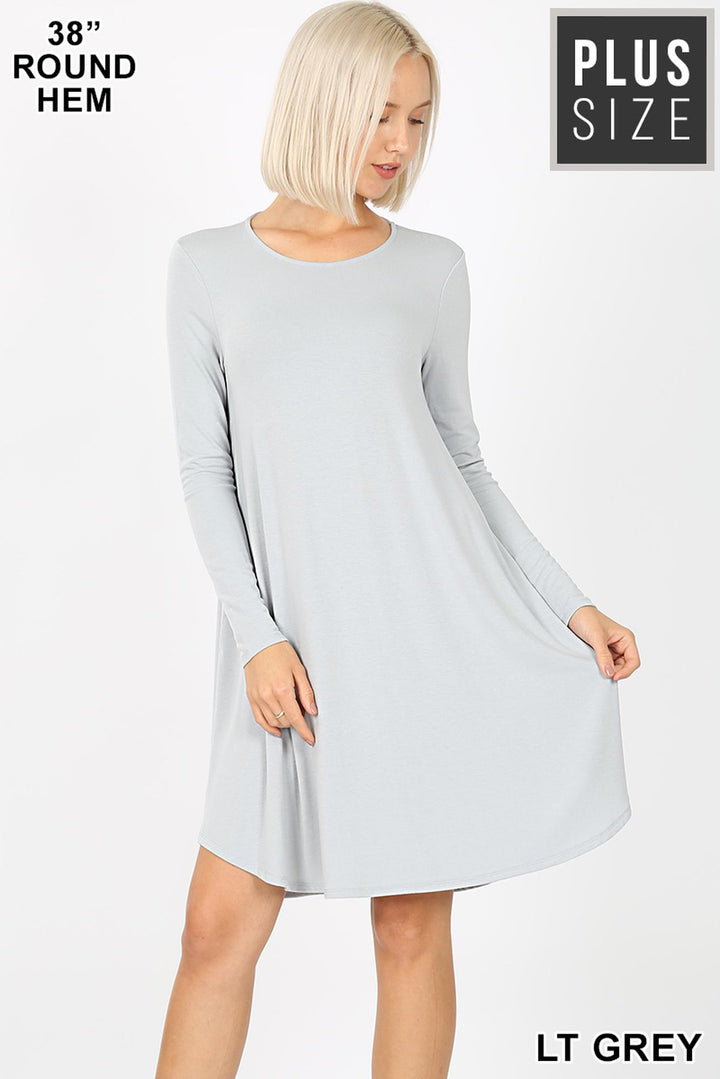 Premium Long Sleeve A-Line Round Hem Plus Size Rayon Tunic with Pockets