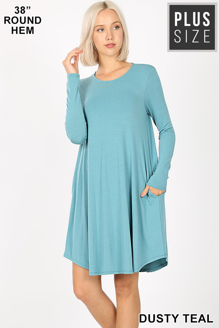Premium Long Sleeve A-Line Round Hem Plus Size Rayon Tunic with Pockets