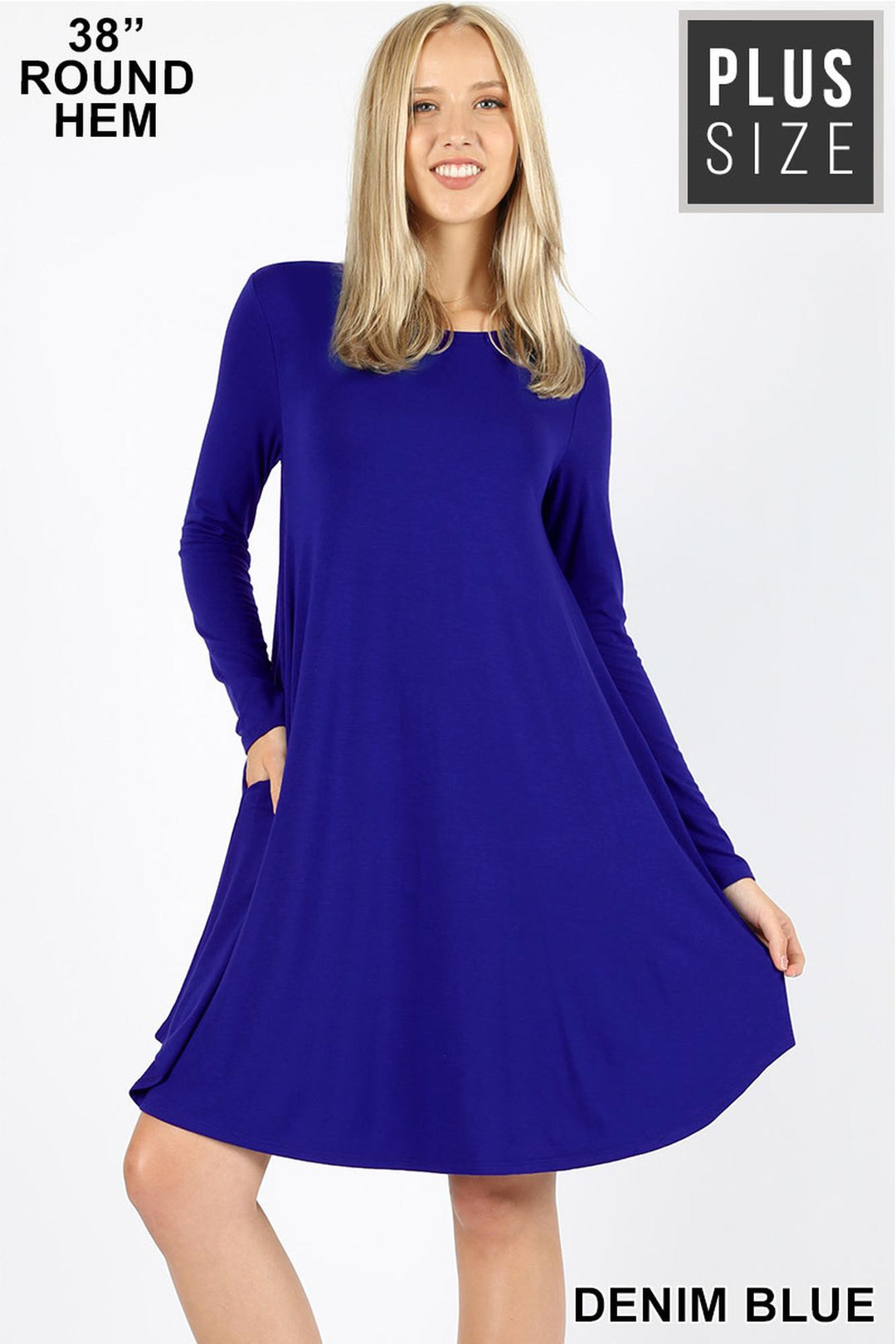 Premium Long Sleeve A-Line Round Hem Plus Size Rayon Tunic with Pockets