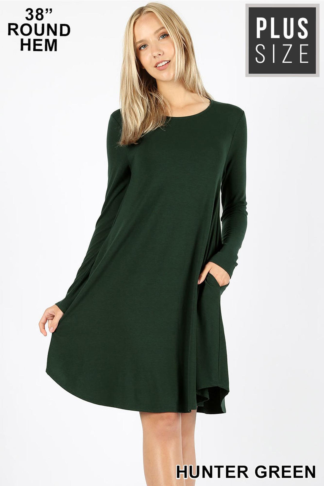 Premium Long Sleeve A-Line Round Hem Plus Size Rayon Tunic with Pockets