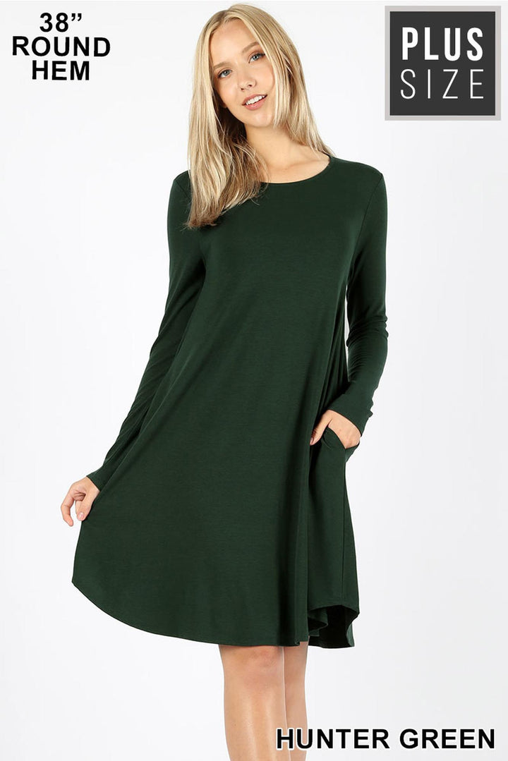 Premium Long Sleeve A-Line Round Hem Plus Size Rayon Tunic with Pockets