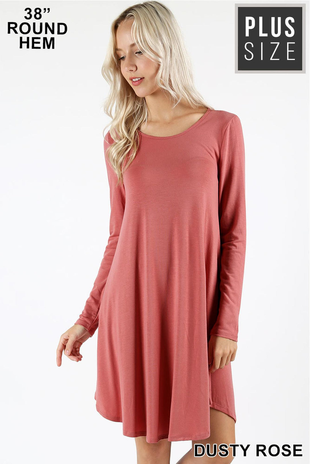 Premium Long Sleeve A-Line Round Hem Plus Size Rayon Tunic with Pockets