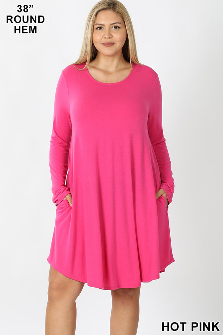 Premium Long Sleeve A-Line Round Hem Plus Size Rayon Tunic with Pockets