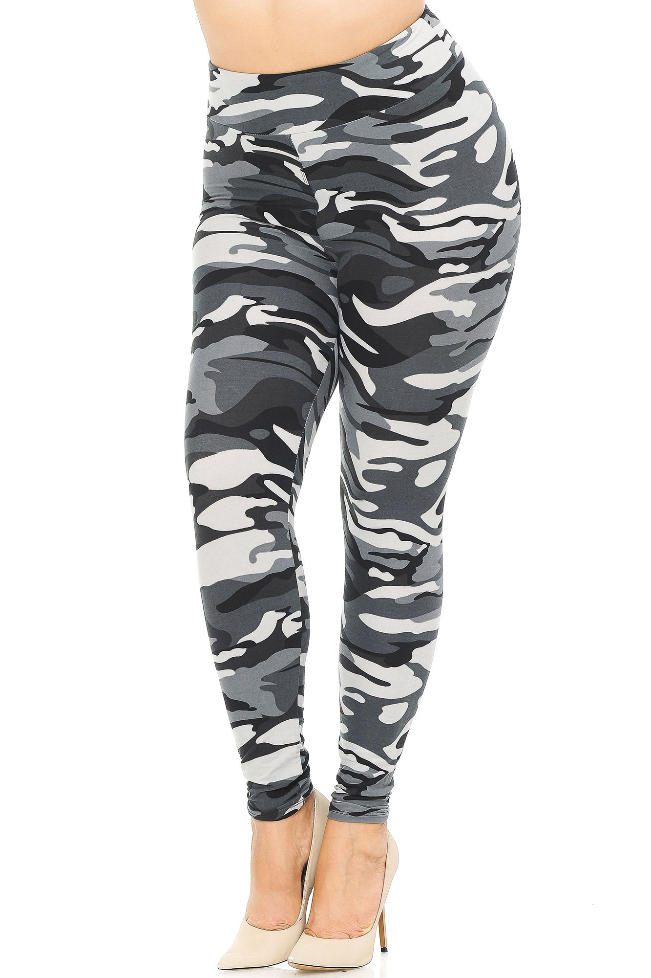 Buttery Soft Charcoal Camouflage High Waisted Plus Size Leggings - EEVEE (One Size Plus,Charcoal)