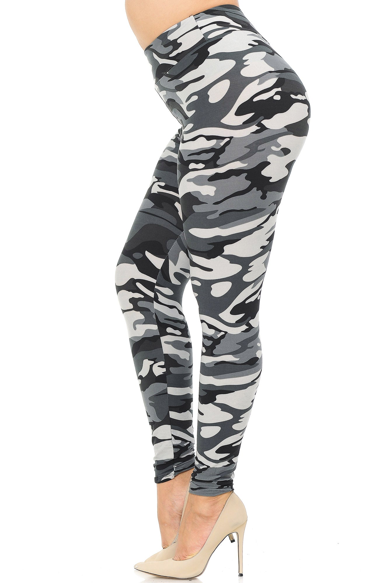 Buttery Soft Charcoal Camouflage High Waisted Plus Size Leggings - EEVEE (One Size Plus,Charcoal)