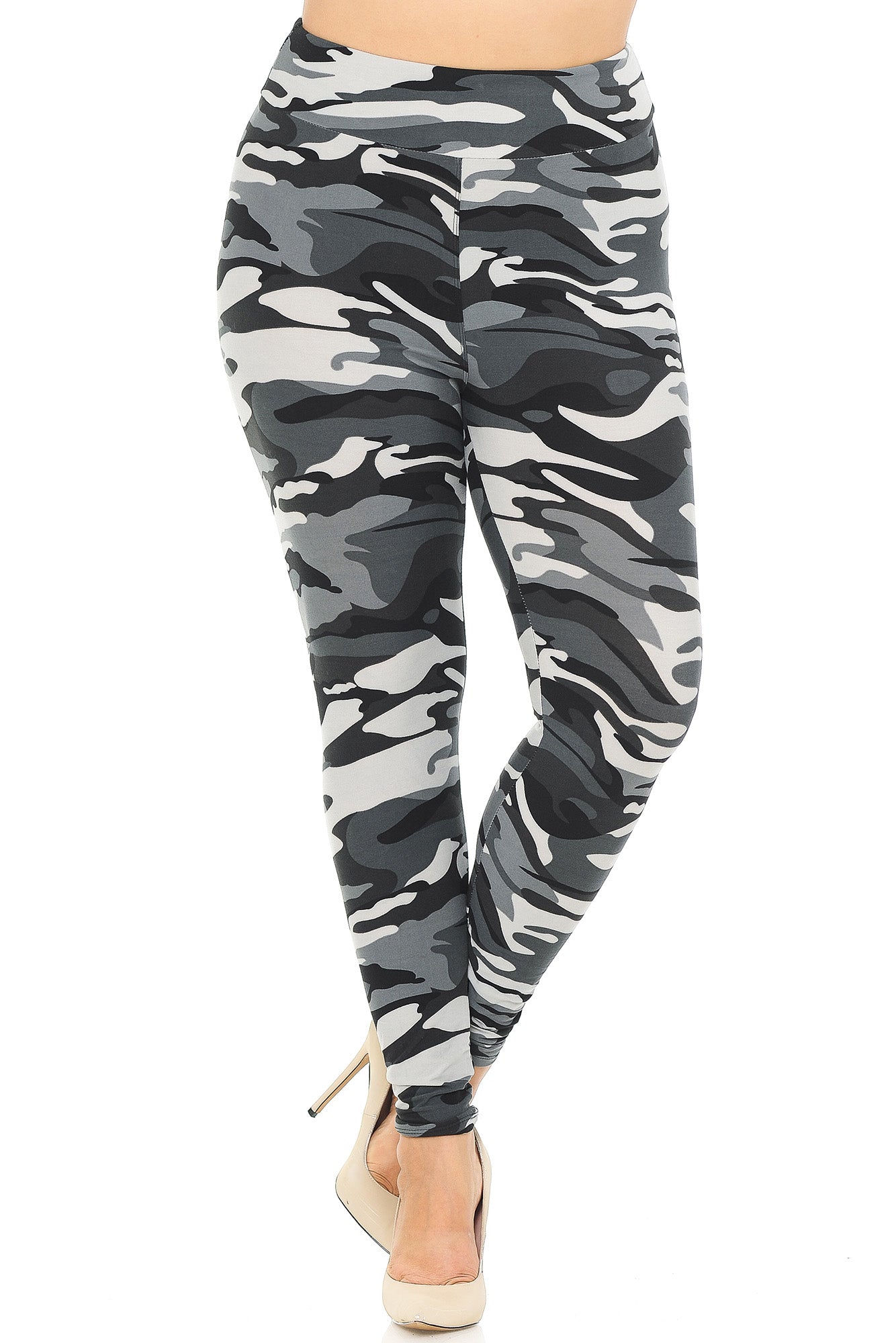 Buttery Soft Charcoal Camouflage High Waisted Plus Size Leggings - EEVEE (One Size Plus,Charcoal)