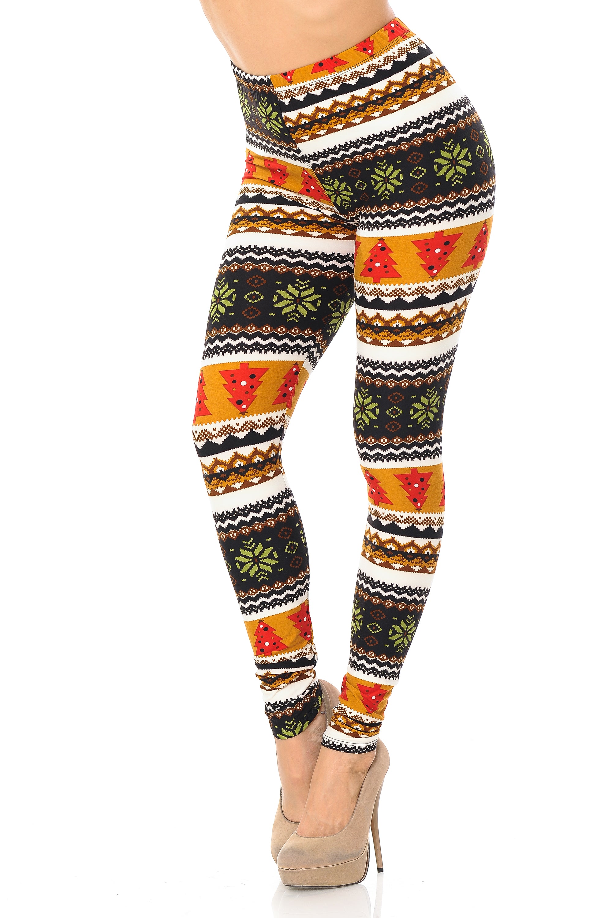 Buttery Soft Christmas Tree and Snowflake Leggings (One Size Regular,Brown)