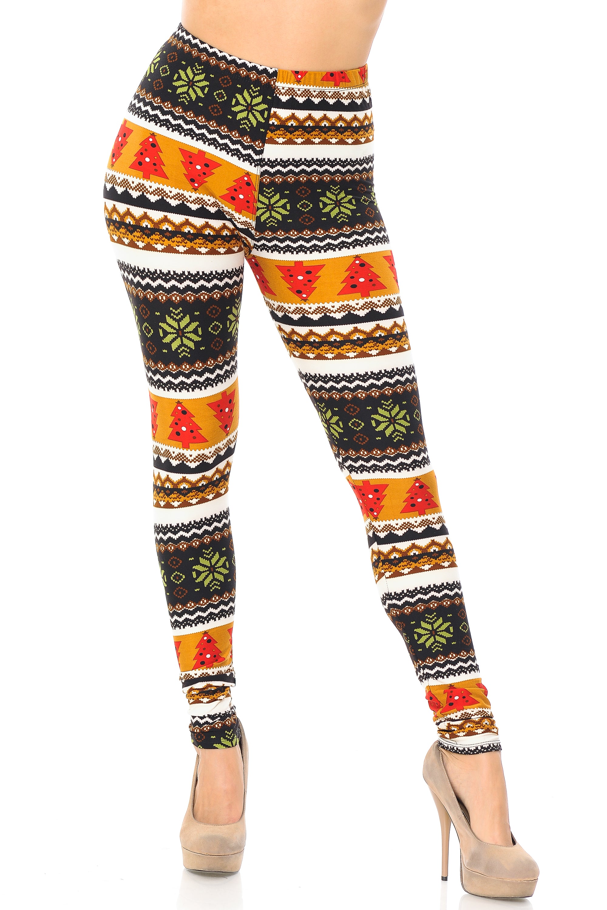 Buttery Soft Christmas Tree and Snowflake Leggings (One Size Regular,Brown)
