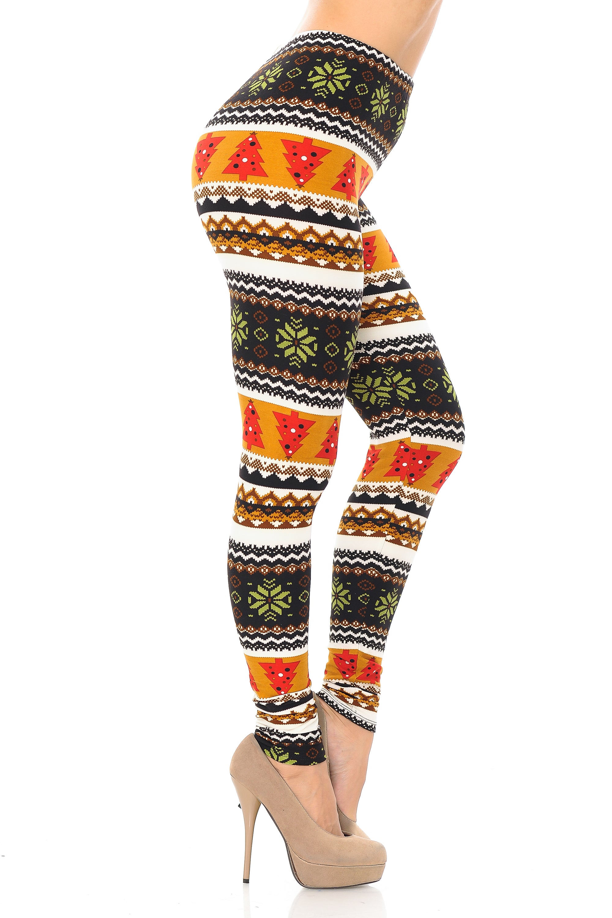 Buttery Soft Christmas Tree and Snowflake Leggings (One Size Regular,Brown)